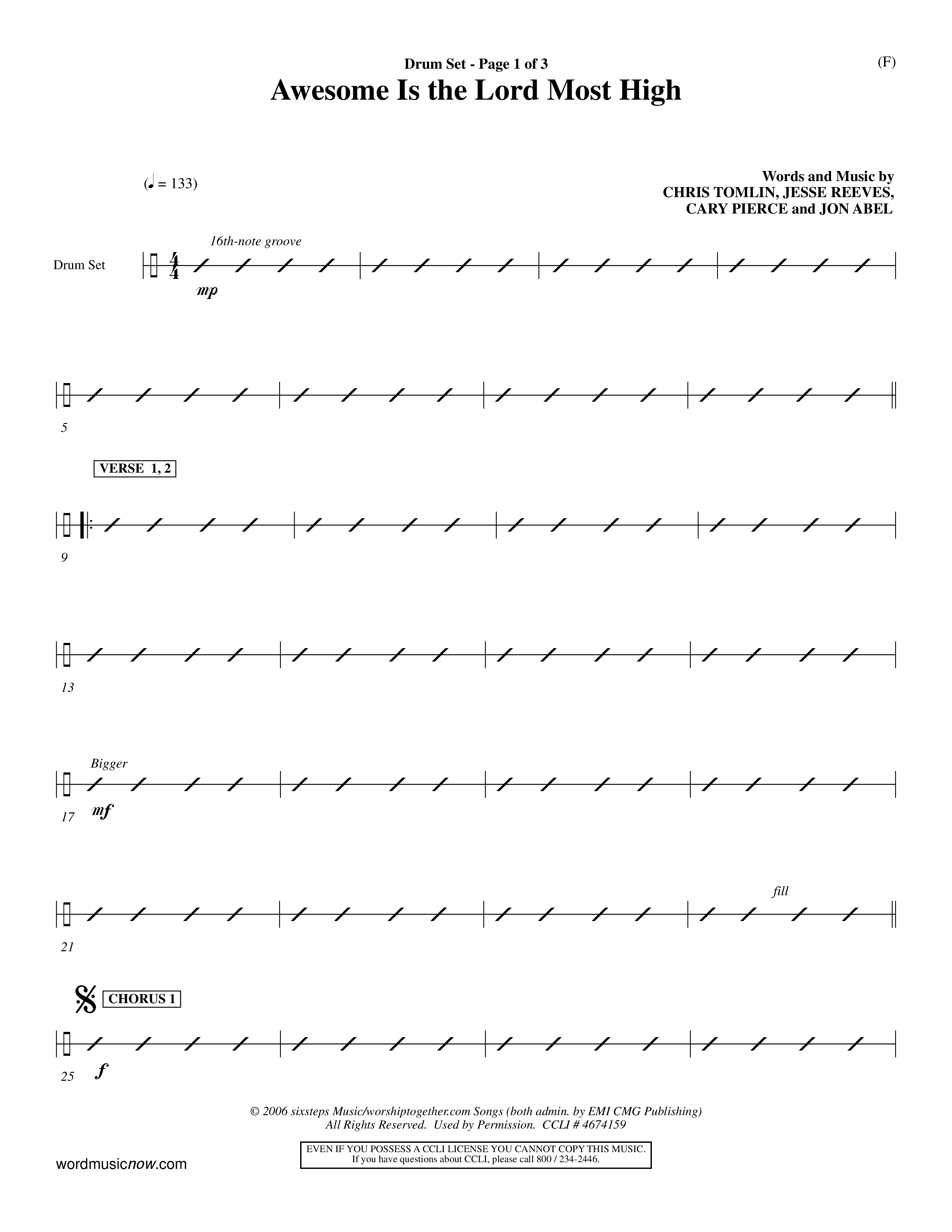 Awesome Is The Lord Most High (Choral Anthem SATB) Drum Set (Word Music Choral / Orch. Dave Williamson)