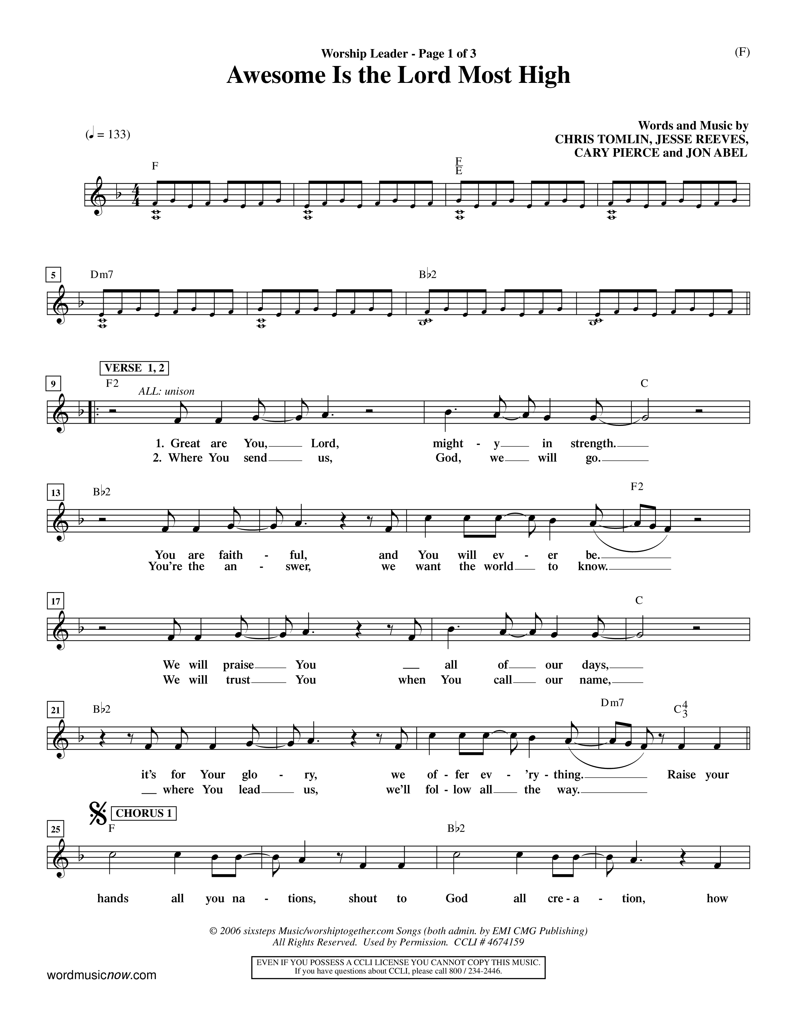 Awesome Is The Lord Most High (Choral Anthem SATB) Lead Sheet (Mel) (Word Music Choral / Orch. Dave Williamson)