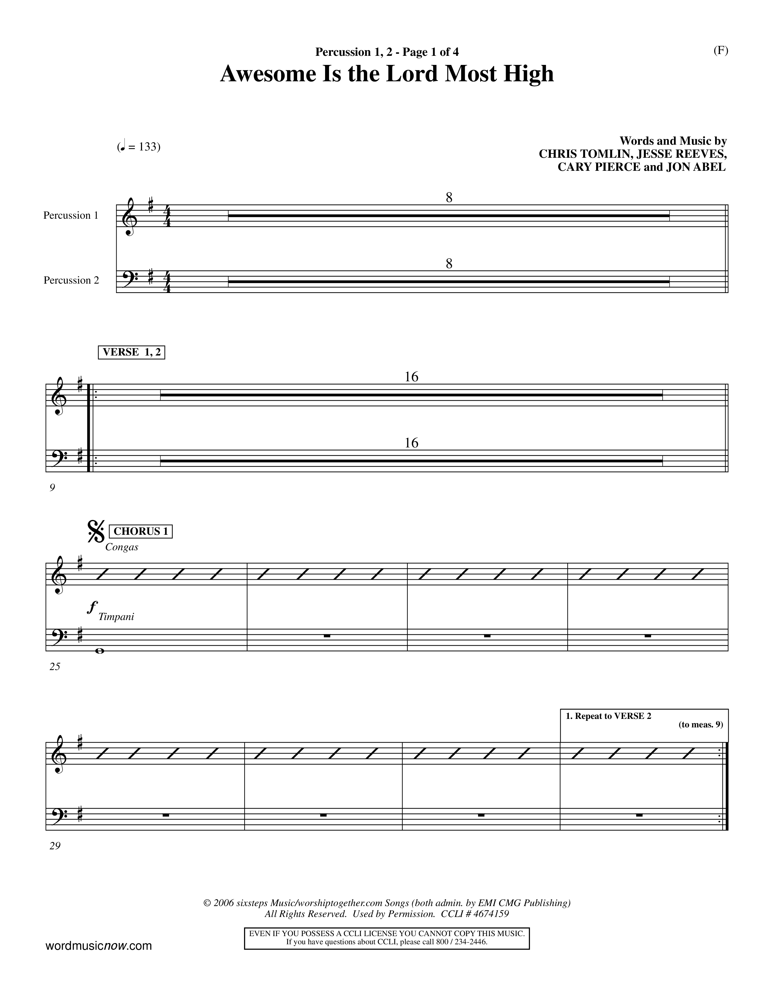 Awesome Is The Lord Most High (Choral Anthem SATB) Percussion 1/2 (Word Music Choral / Orch. Dave Williamson)