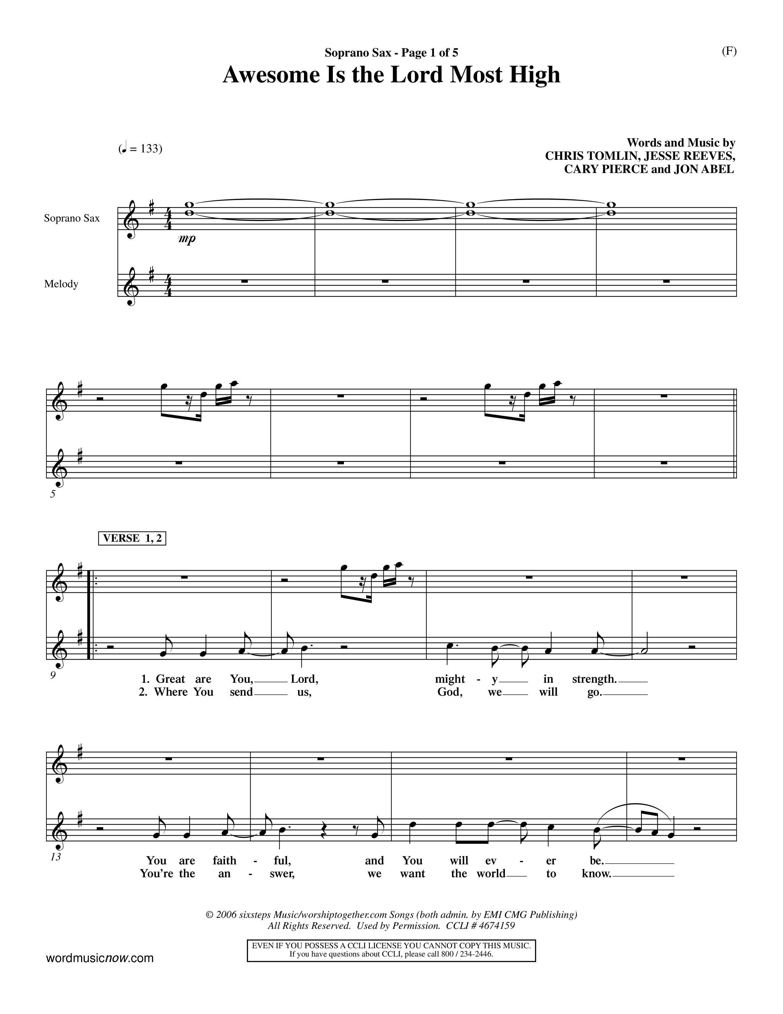 Awesome Is The Lord Most High (Choral Anthem SATB) Saxophone (Word Music Choral / Orch. Dave Williamson)