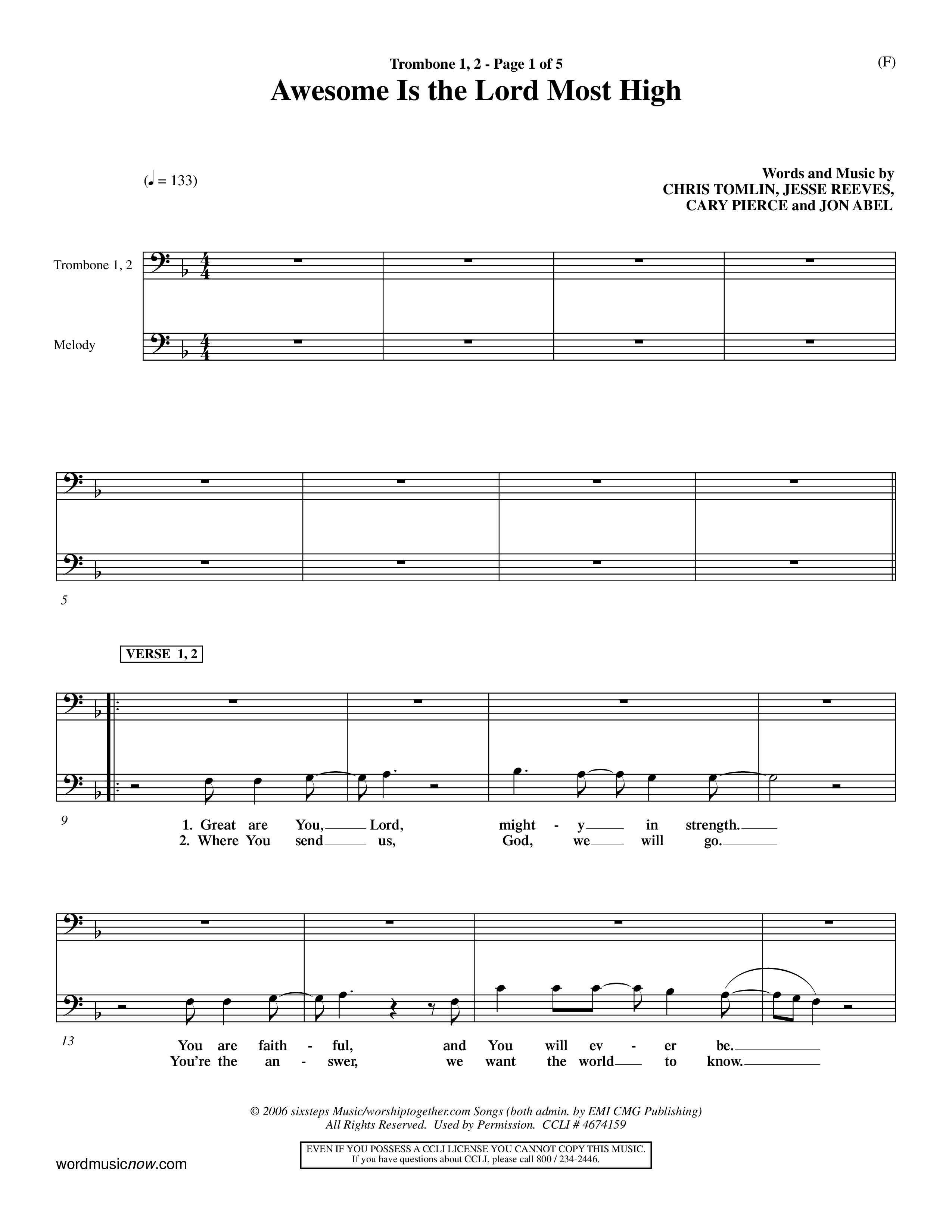 Awesome Is The Lord Most High (Choral Anthem SATB) Trombone 1/2 (Word Music Choral / Orch. Dave Williamson)