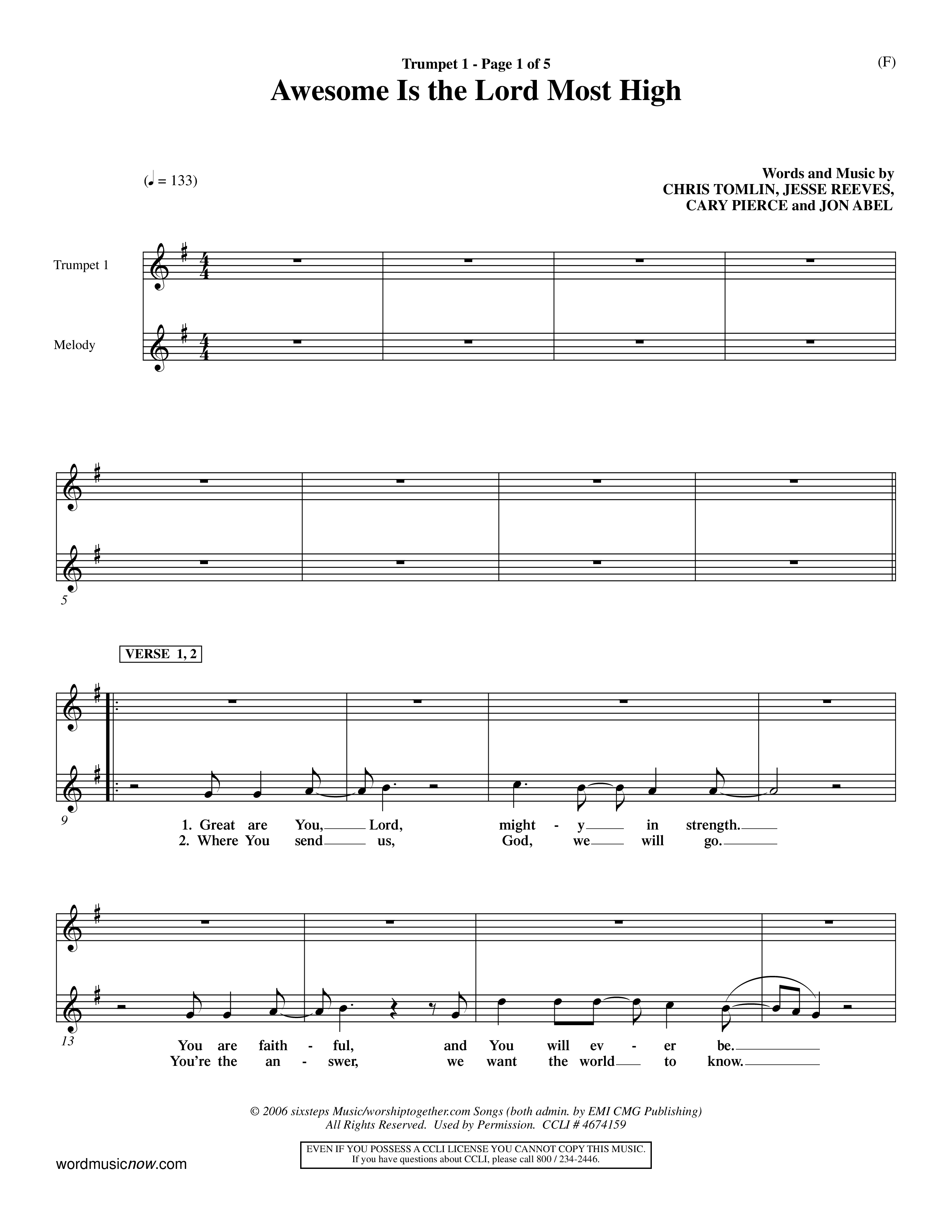 Awesome Is The Lord Most High (Choral Anthem SATB) Trumpet 1 (Word Music Choral / Orch. Dave Williamson)