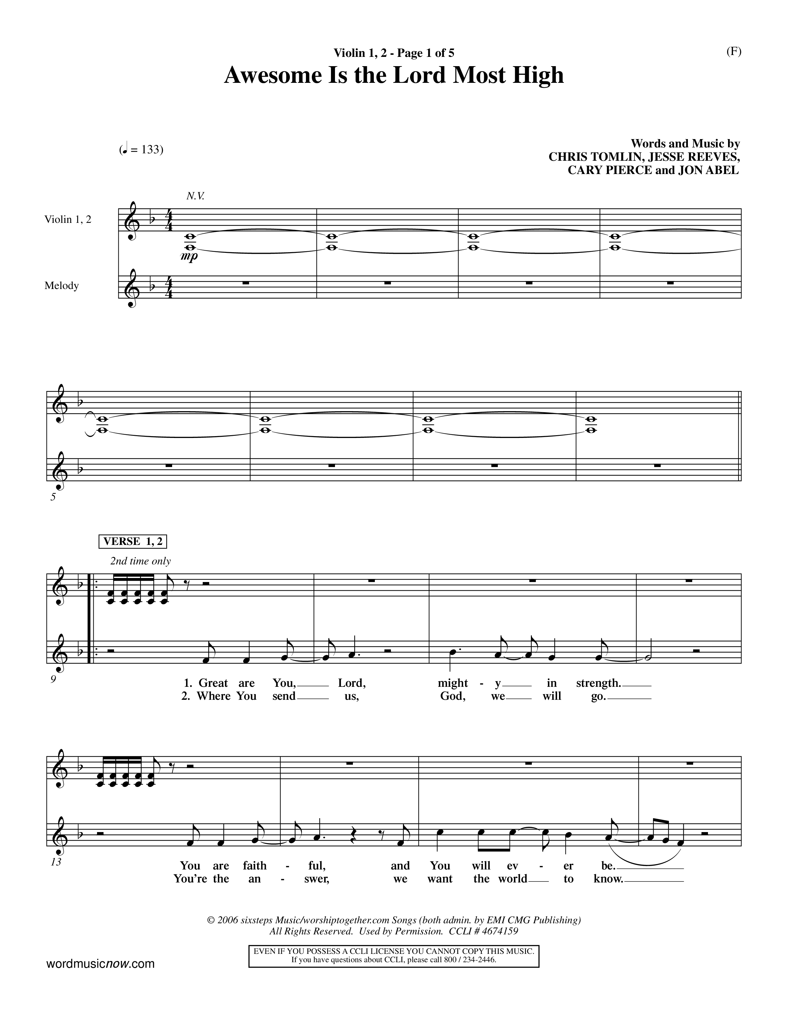 Awesome Is The Lord Most High (Choral Anthem SATB) Violin 1/2 (Word Music Choral / Orch. Dave Williamson)