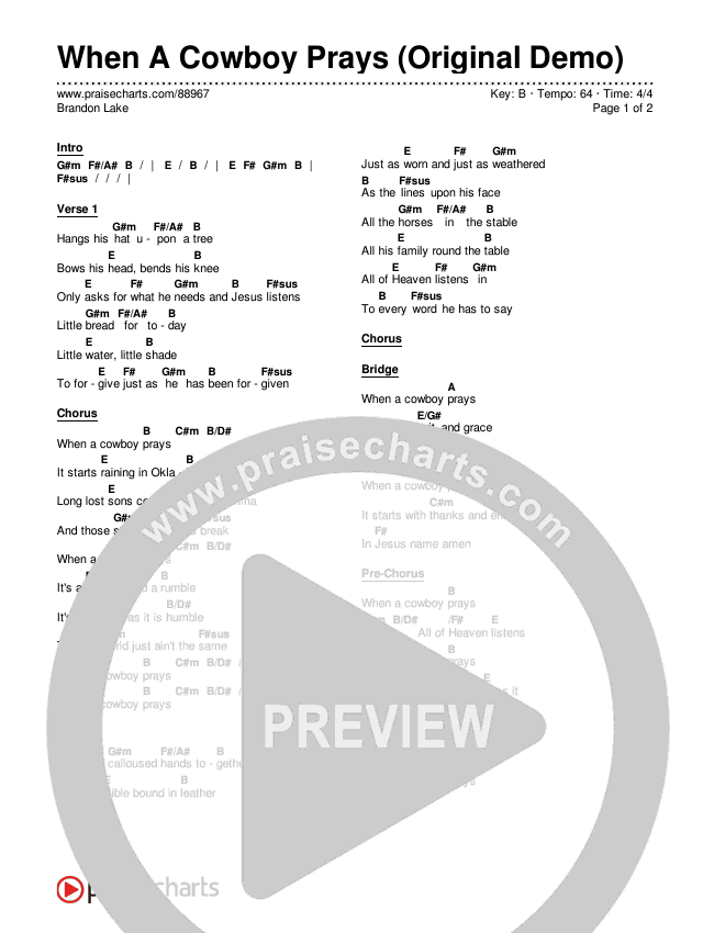 When A Cowboy Prays (Original Demo) Chords & Lyrics (Brandon Lake)