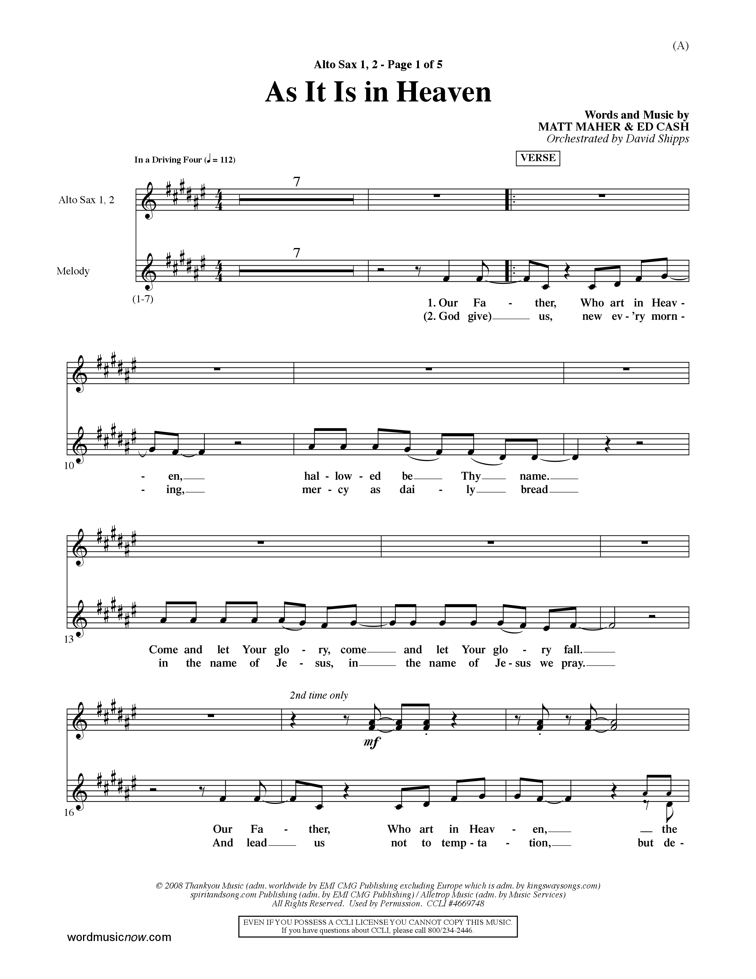 As It Is In Heaven (Choral Anthem SATB) Alto Sax 1/2 (Word Music Choral / Orch. David Shipps)