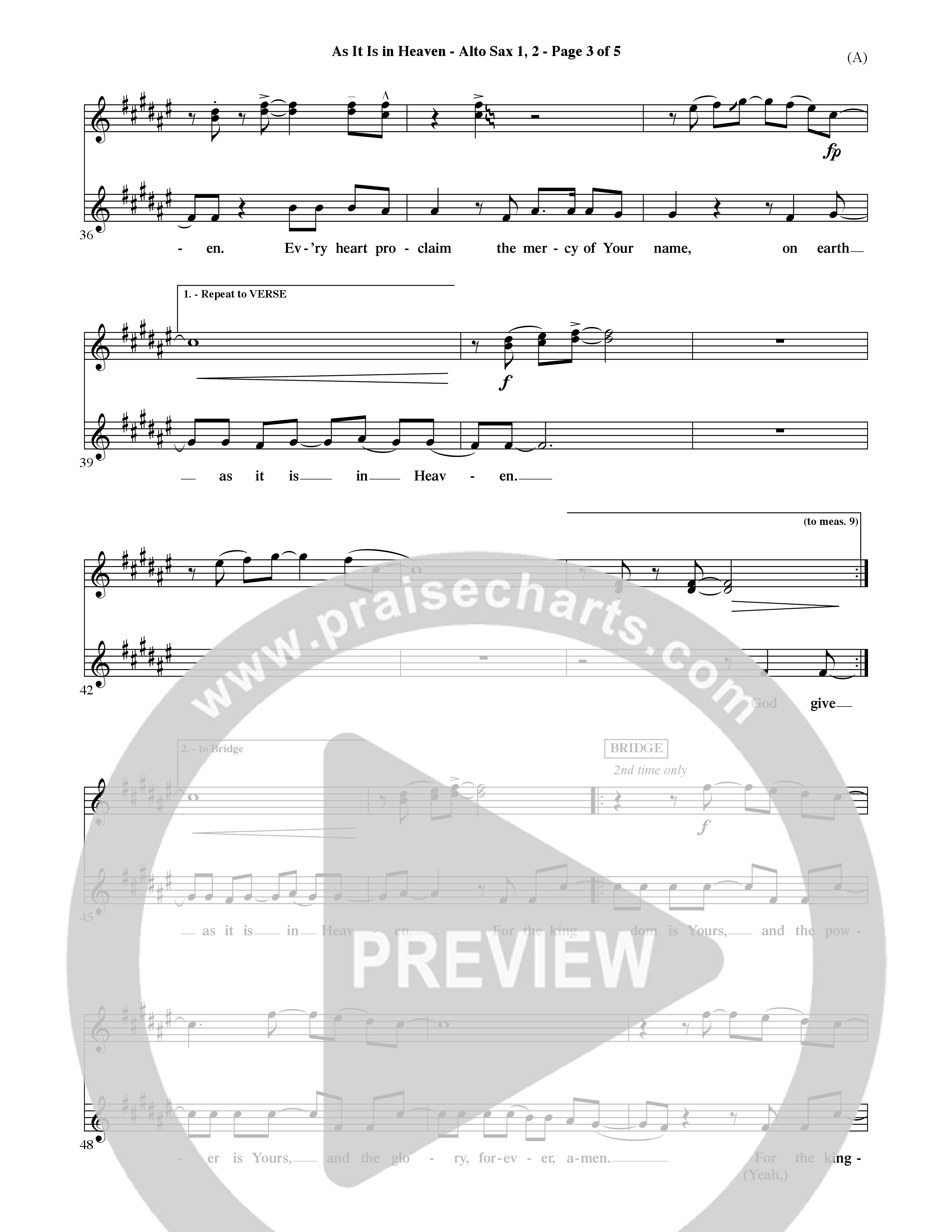 As It Is In Heaven (Choral Anthem SATB) Alto Sax 1/2 (Word Music Choral / Orch. David Shipps)
