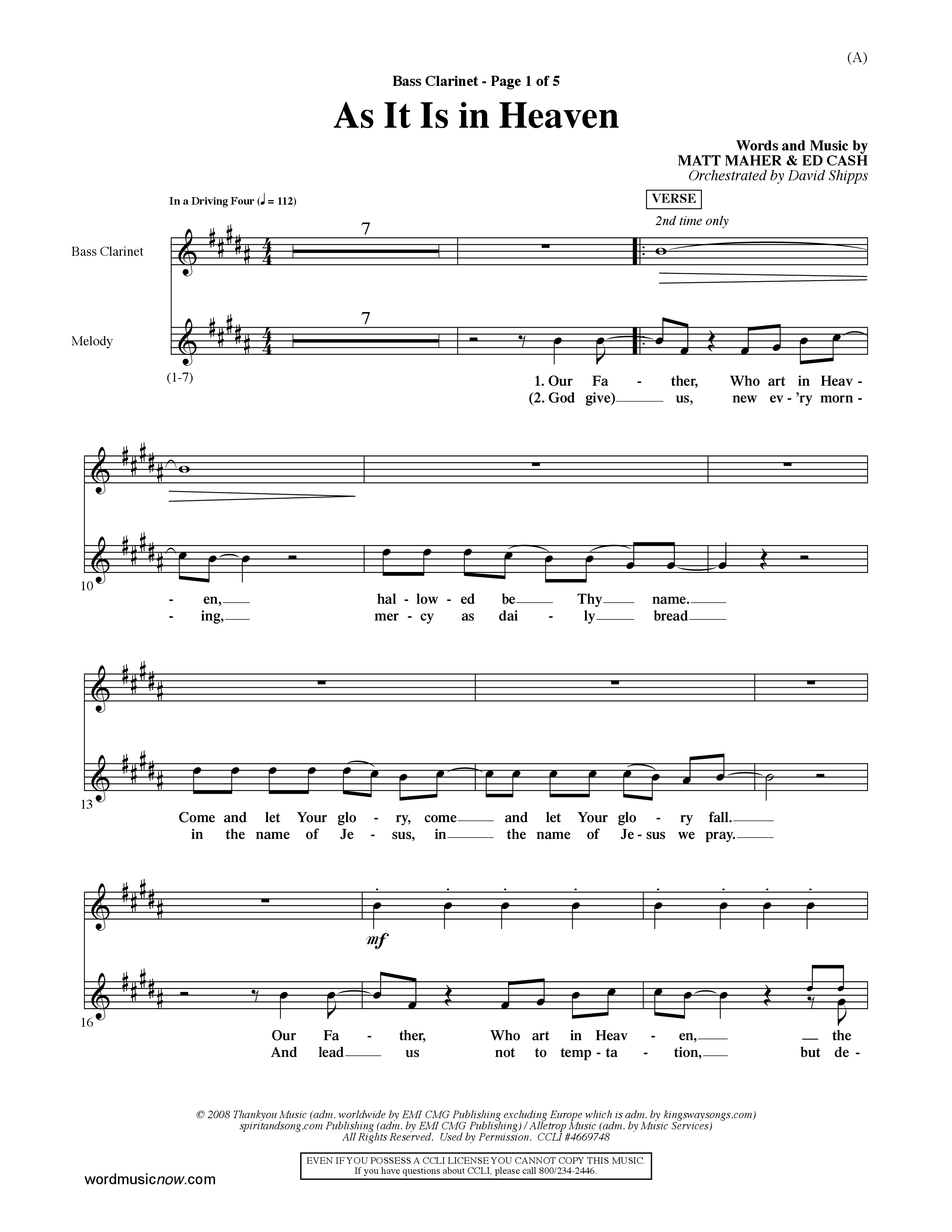 As It Is In Heaven (Choral Anthem SATB) Bass Clarinet (Word Music Choral / Orch. David Shipps)