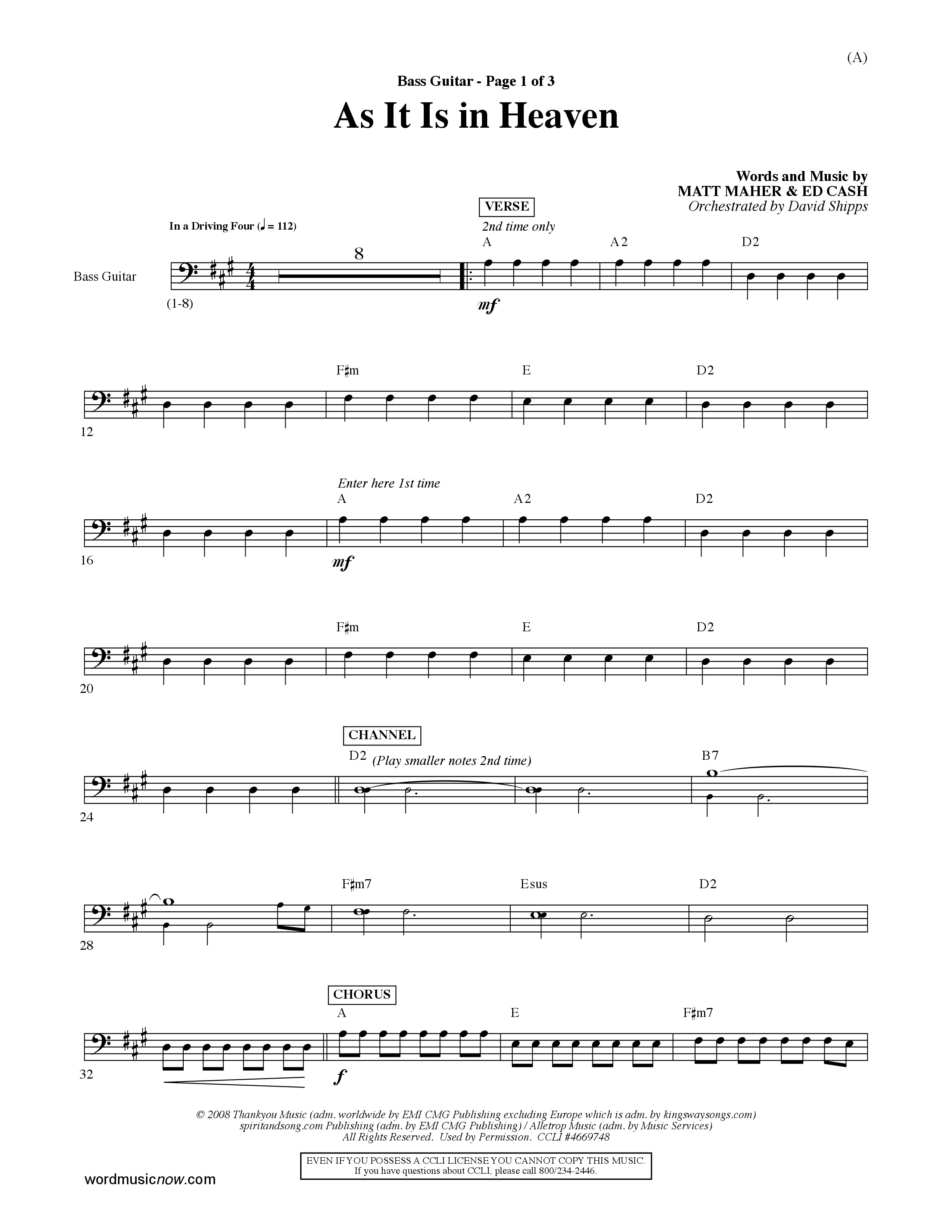 As It Is In Heaven (Choral Anthem SATB) Bass Guitar (Word Music Choral / Orch. David Shipps)