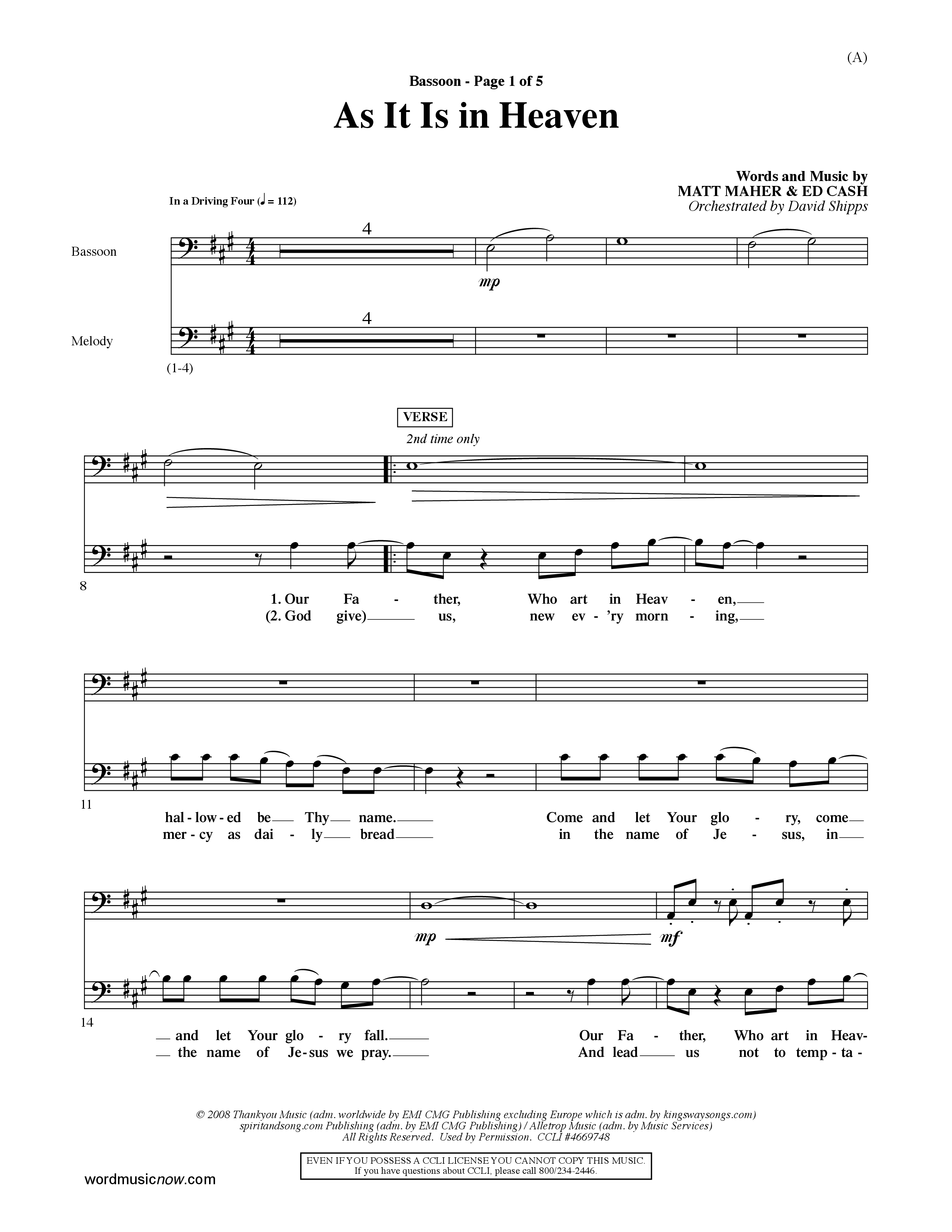 As It Is In Heaven (Choral Anthem SATB) Bassoon (Word Music Choral / Orch. David Shipps)