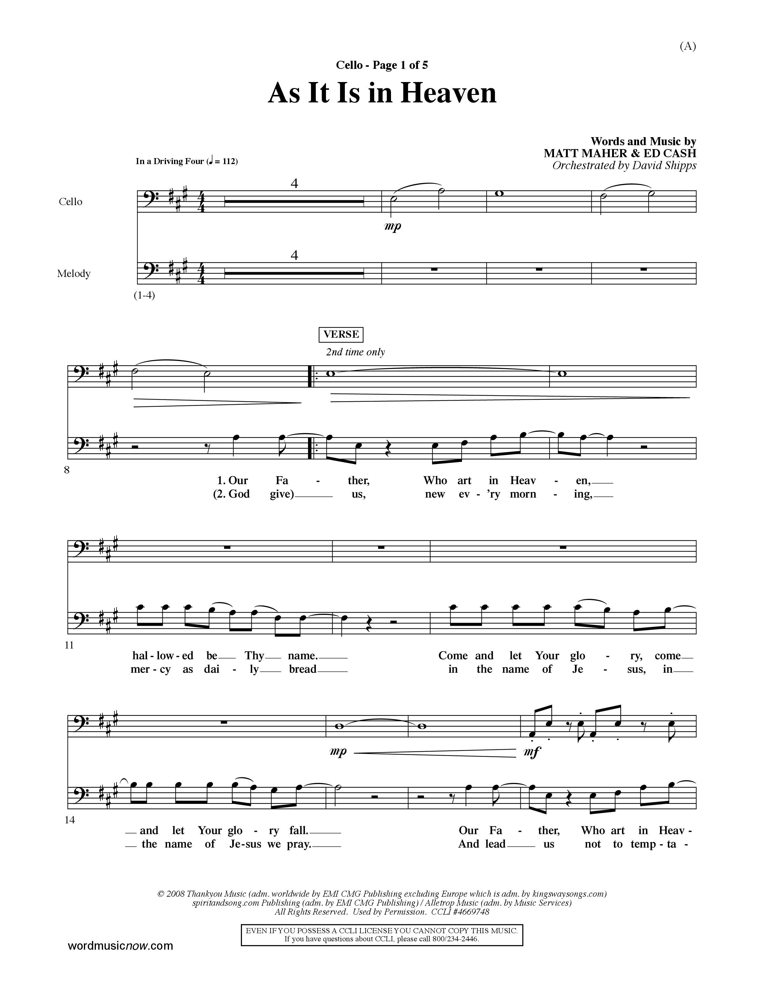 As It Is In Heaven (Choral Anthem SATB) Cello (Word Music Choral / Orch. David Shipps)