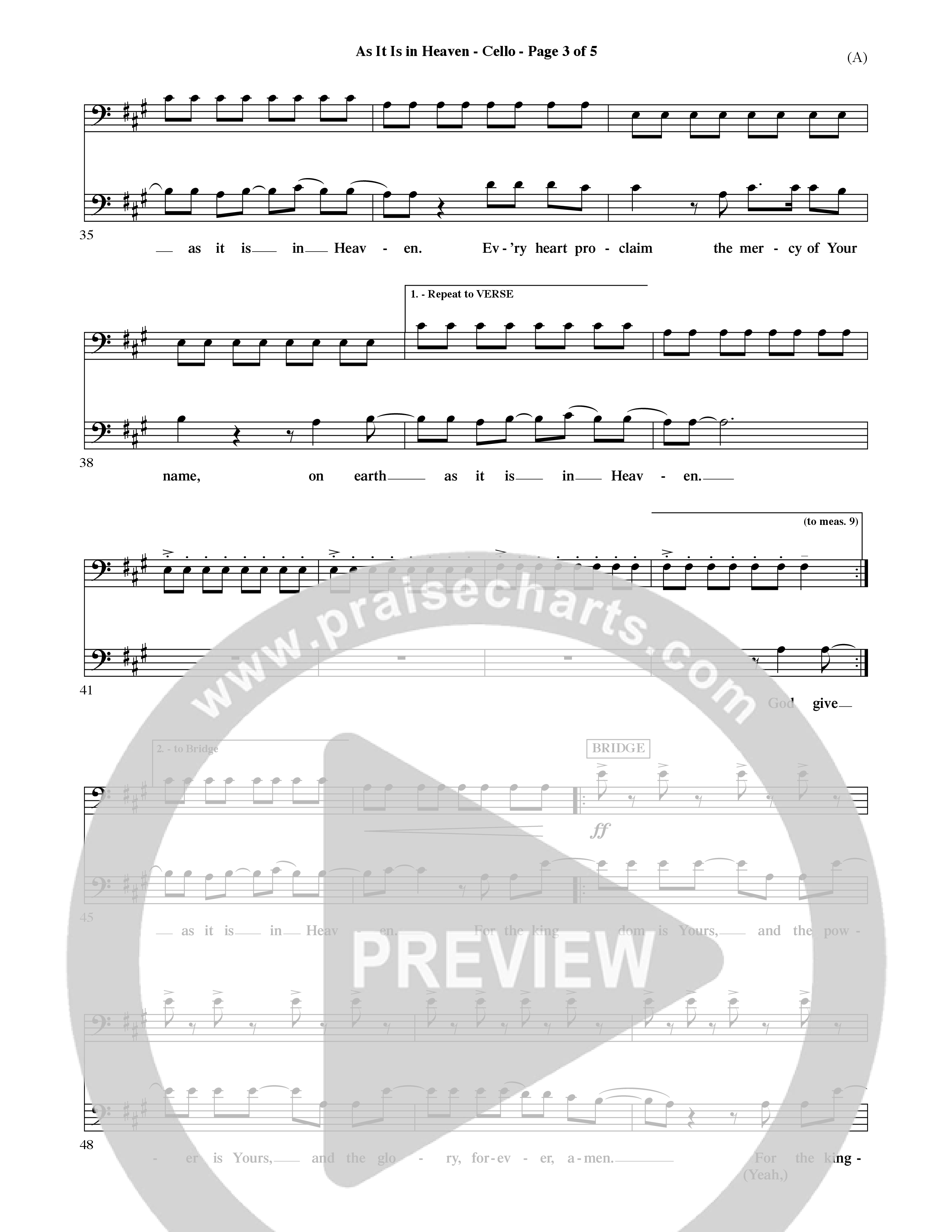 As It Is In Heaven (Choral Anthem SATB) Cello (Word Music Choral / Orch. David Shipps)