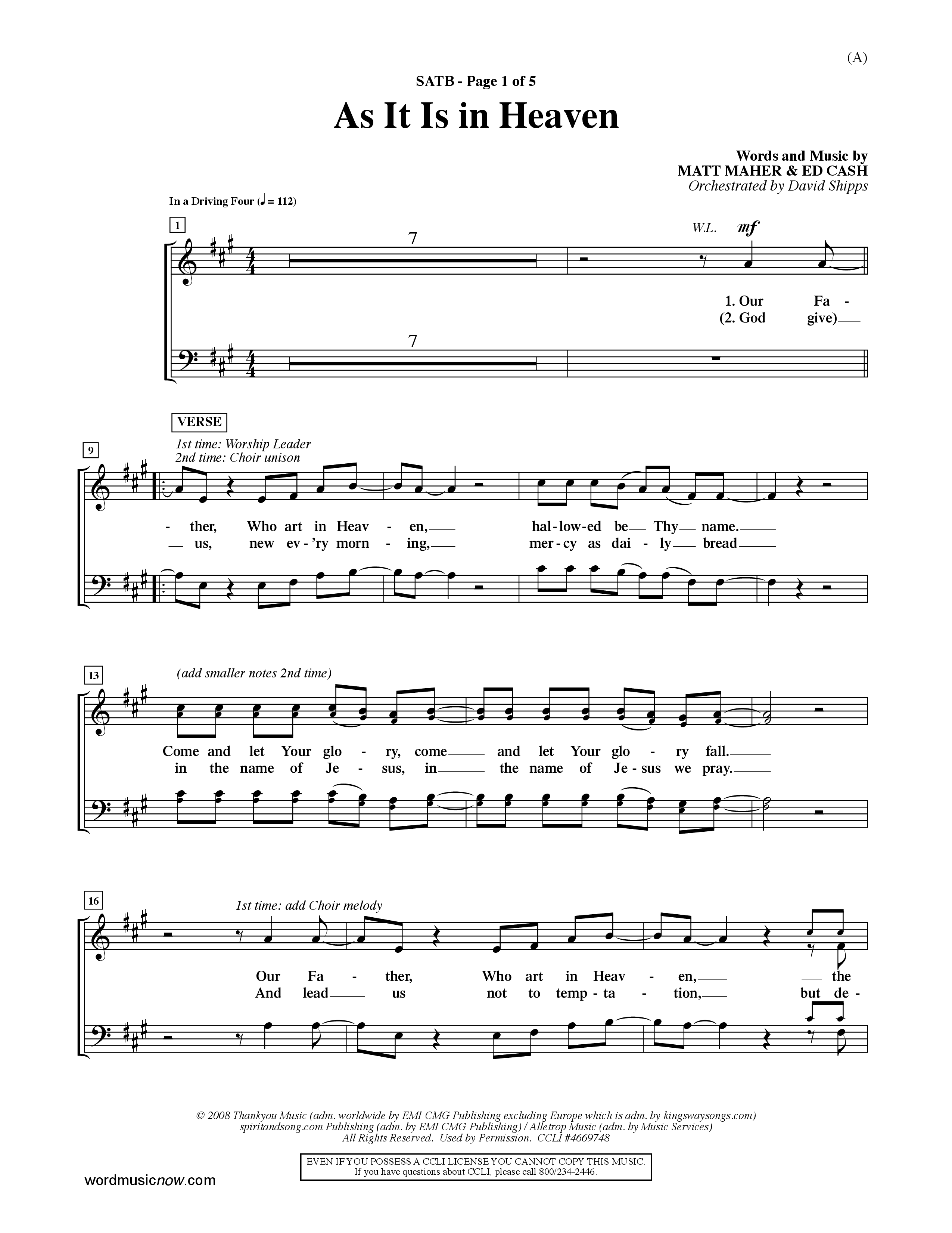 As It Is In Heaven (Choral Anthem SATB) Choir Sheet (SATB) (Word Music Choral / Orch. David Shipps)