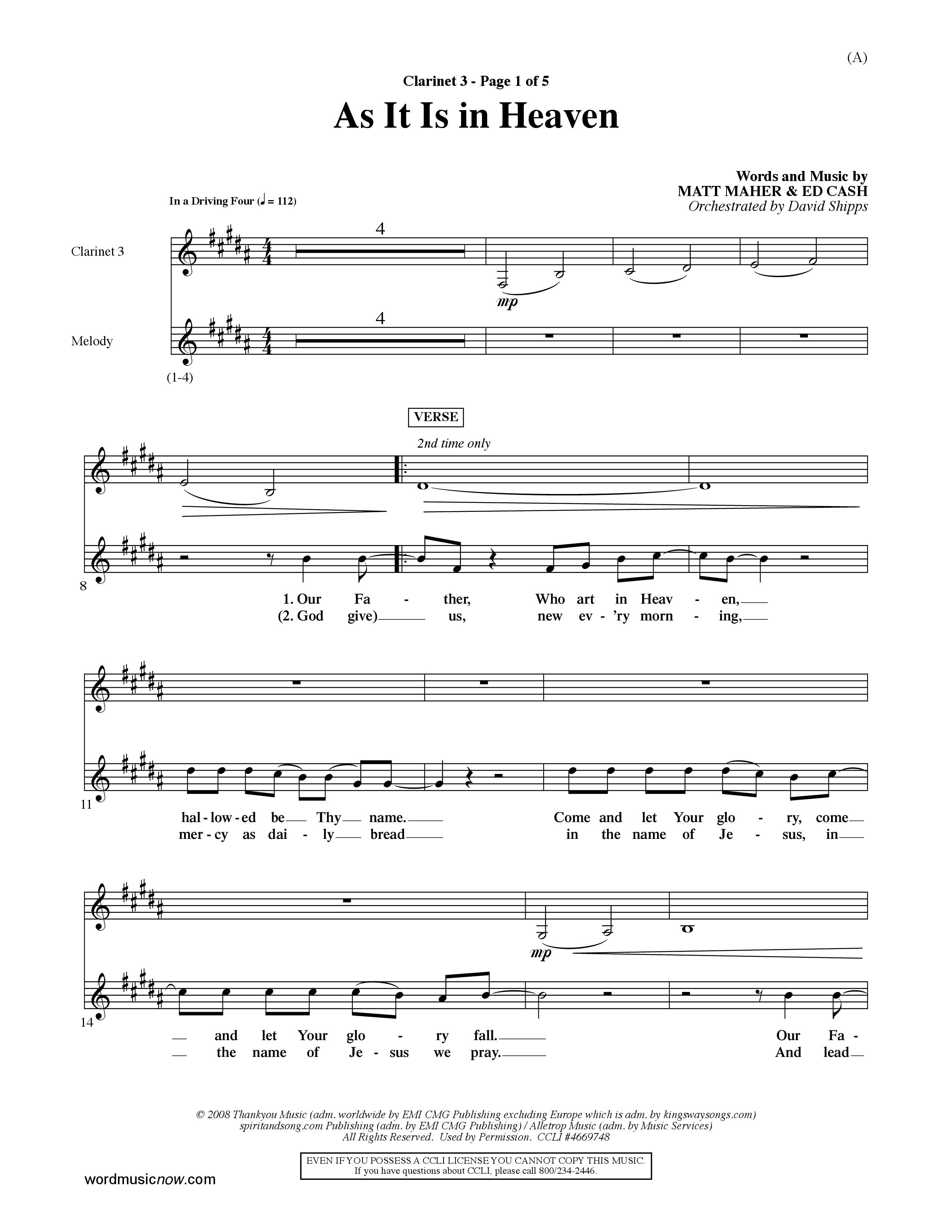 As It Is In Heaven (Choral Anthem SATB) Clarinet 3 (Word Music Choral / Orch. David Shipps)