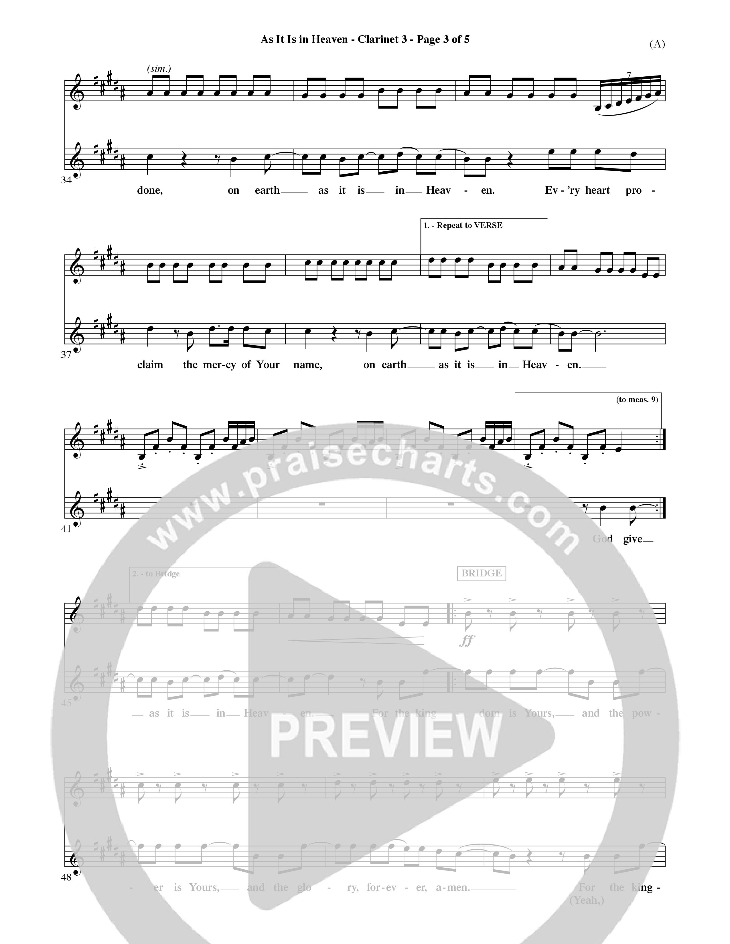 As It Is In Heaven (Choral Anthem SATB) Clarinet 3 (Word Music Choral / Orch. David Shipps)