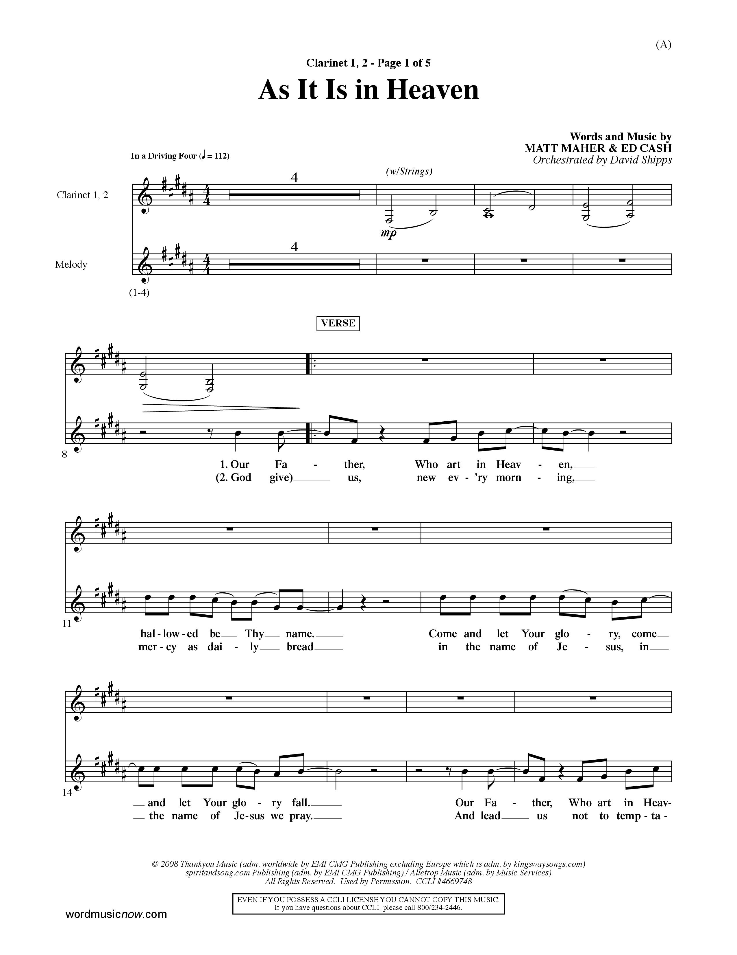 As It Is In Heaven (Choral Anthem SATB) Clarinet (Word Music Choral / Orch. David Shipps)