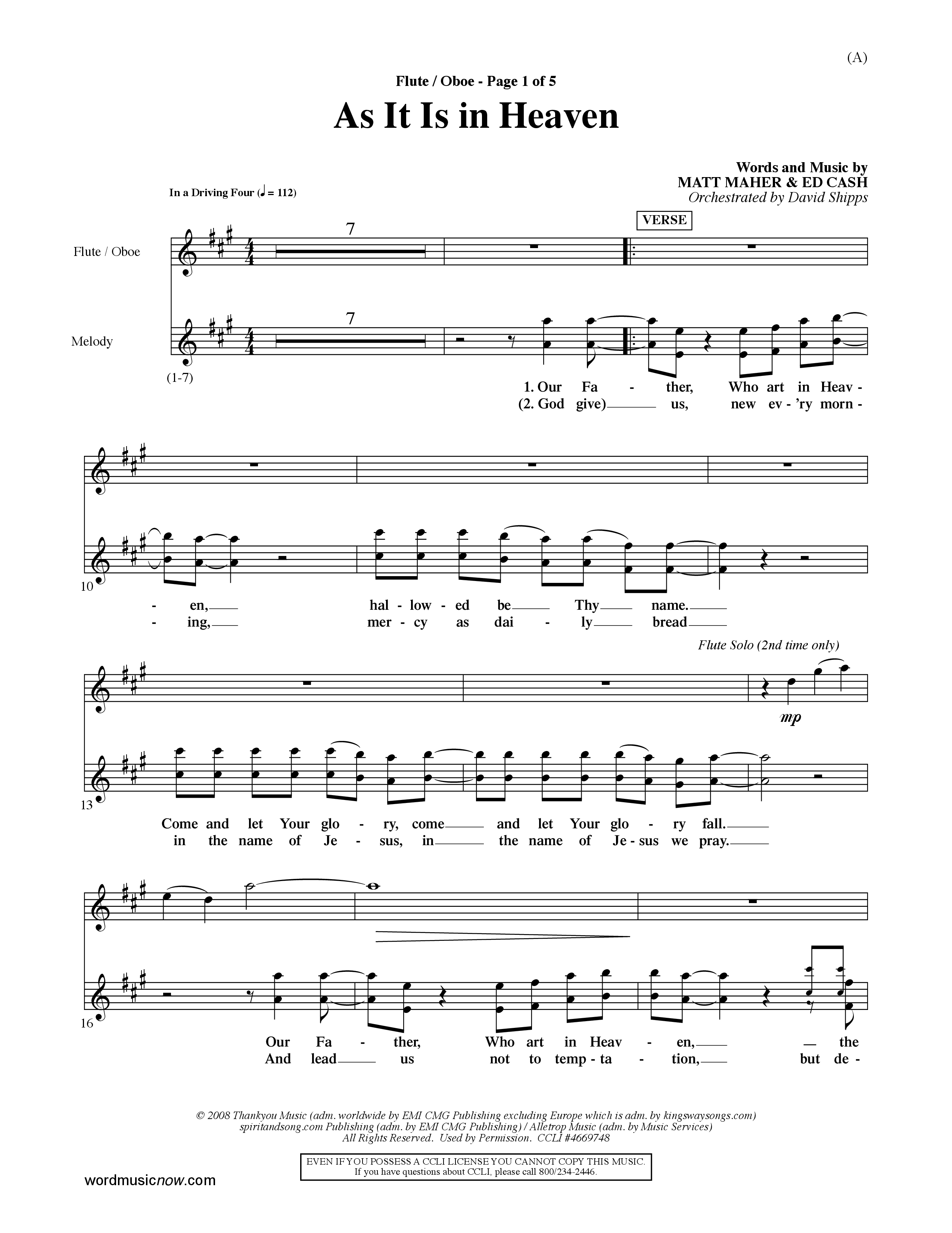 As It Is In Heaven (Choral Anthem SATB) Flute/Oboe (Word Music Choral / Orch. David Shipps)