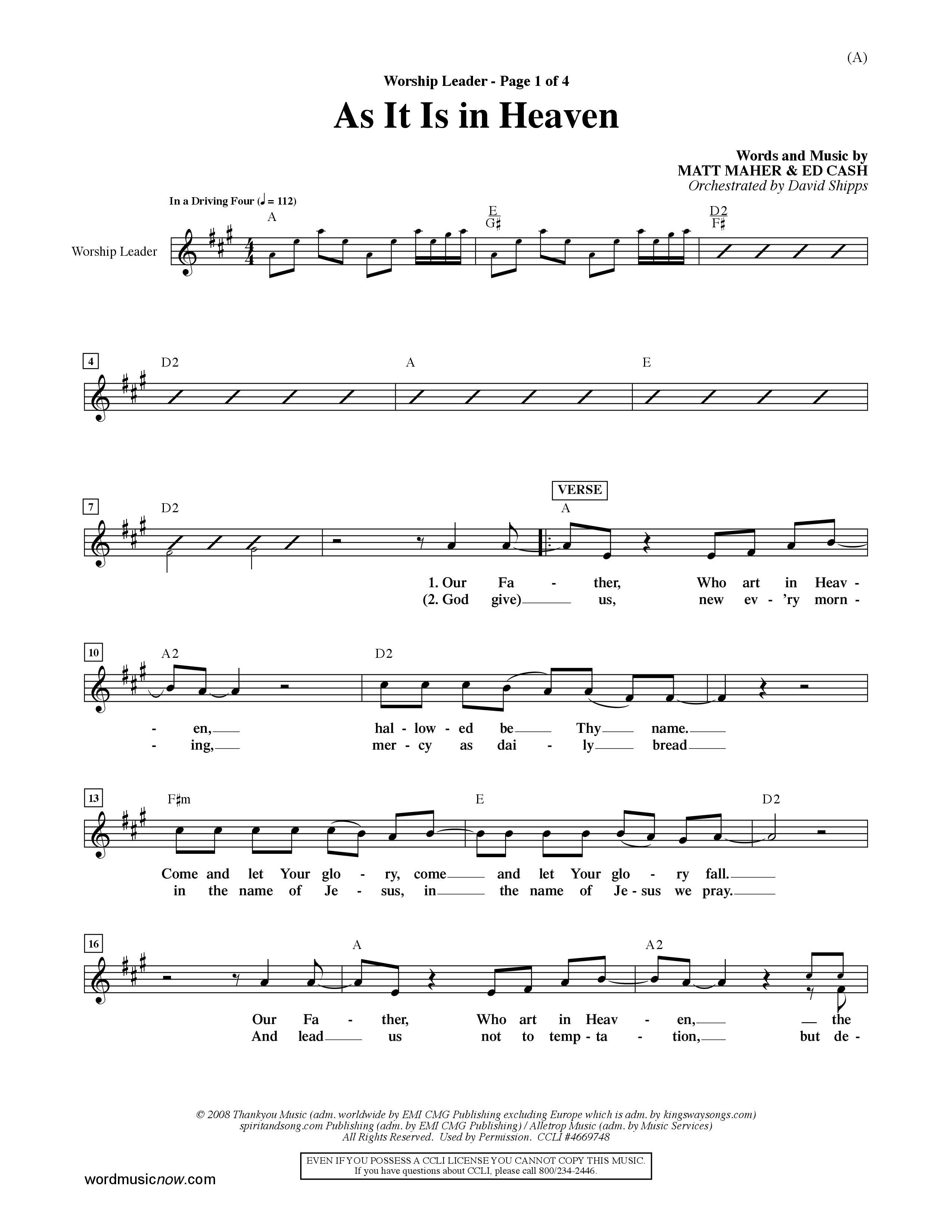 As It Is In Heaven (Choral Anthem SATB) Lead Sheet (Mel) (Word Music Choral / Orch. David Shipps)