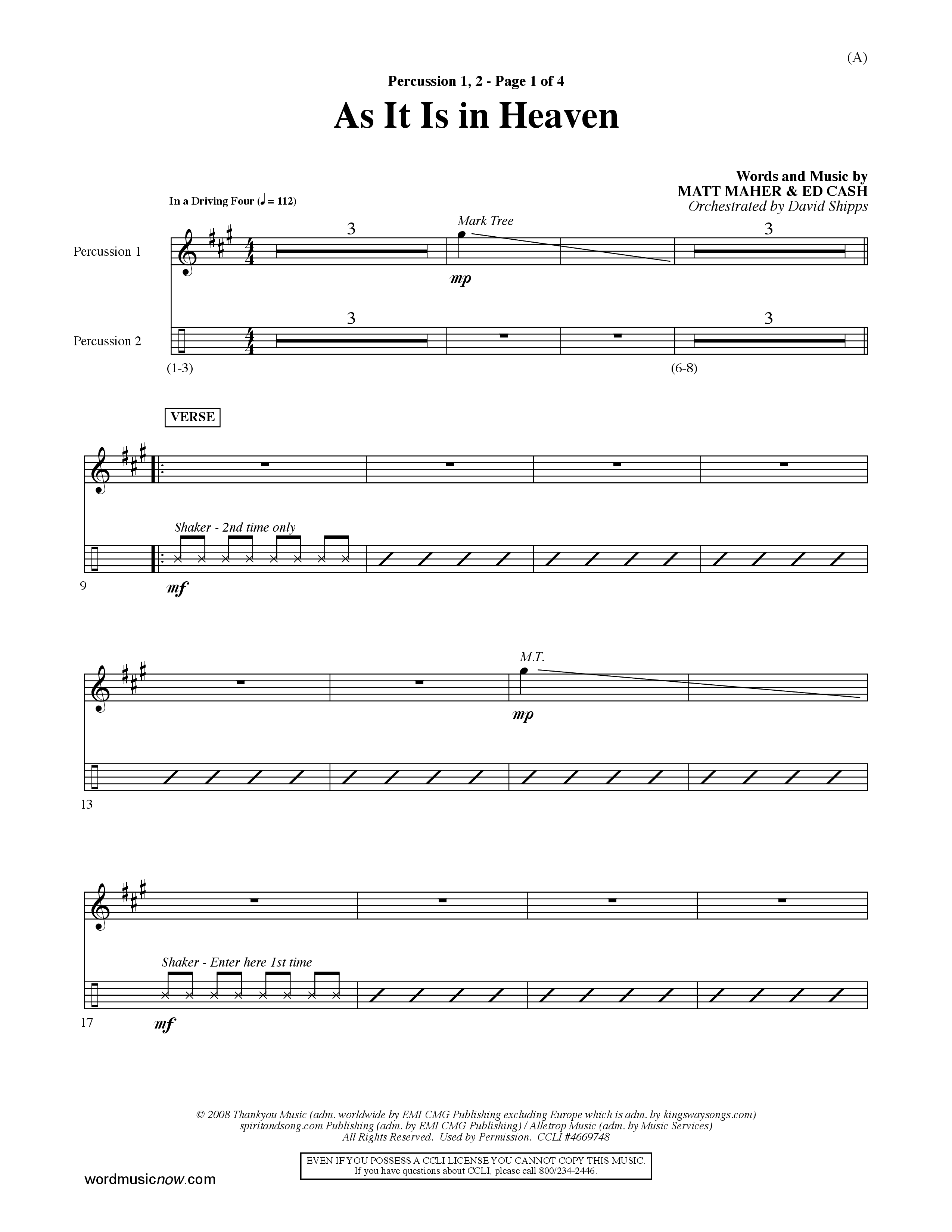 As It Is In Heaven (Choral Anthem SATB) Percussion 1/2 (Word Music Choral / Orch. David Shipps)