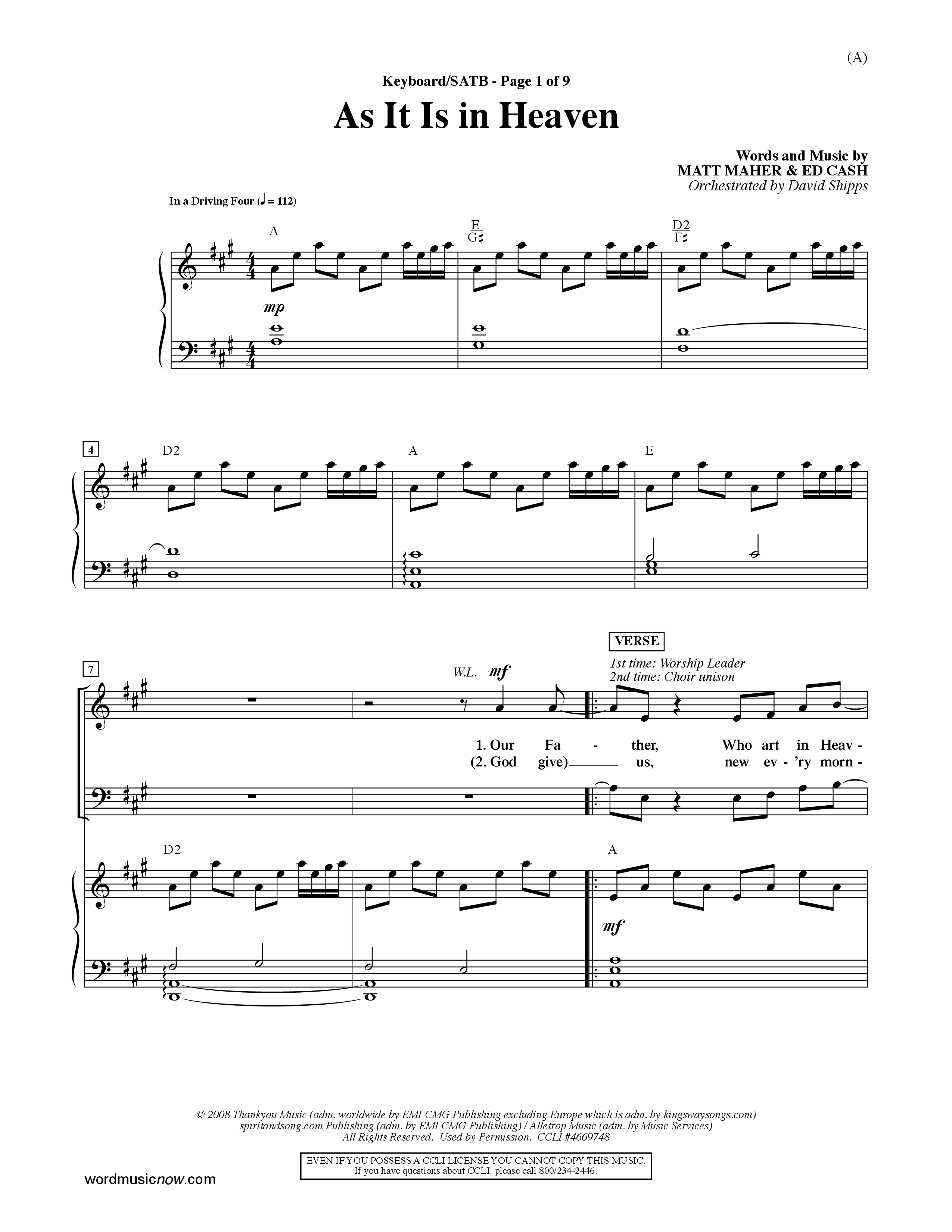 As It Is In Heaven (Choral Anthem SATB) Keyboard/Vocal (SATB) (Word Music Choral / Orch. David Shipps)