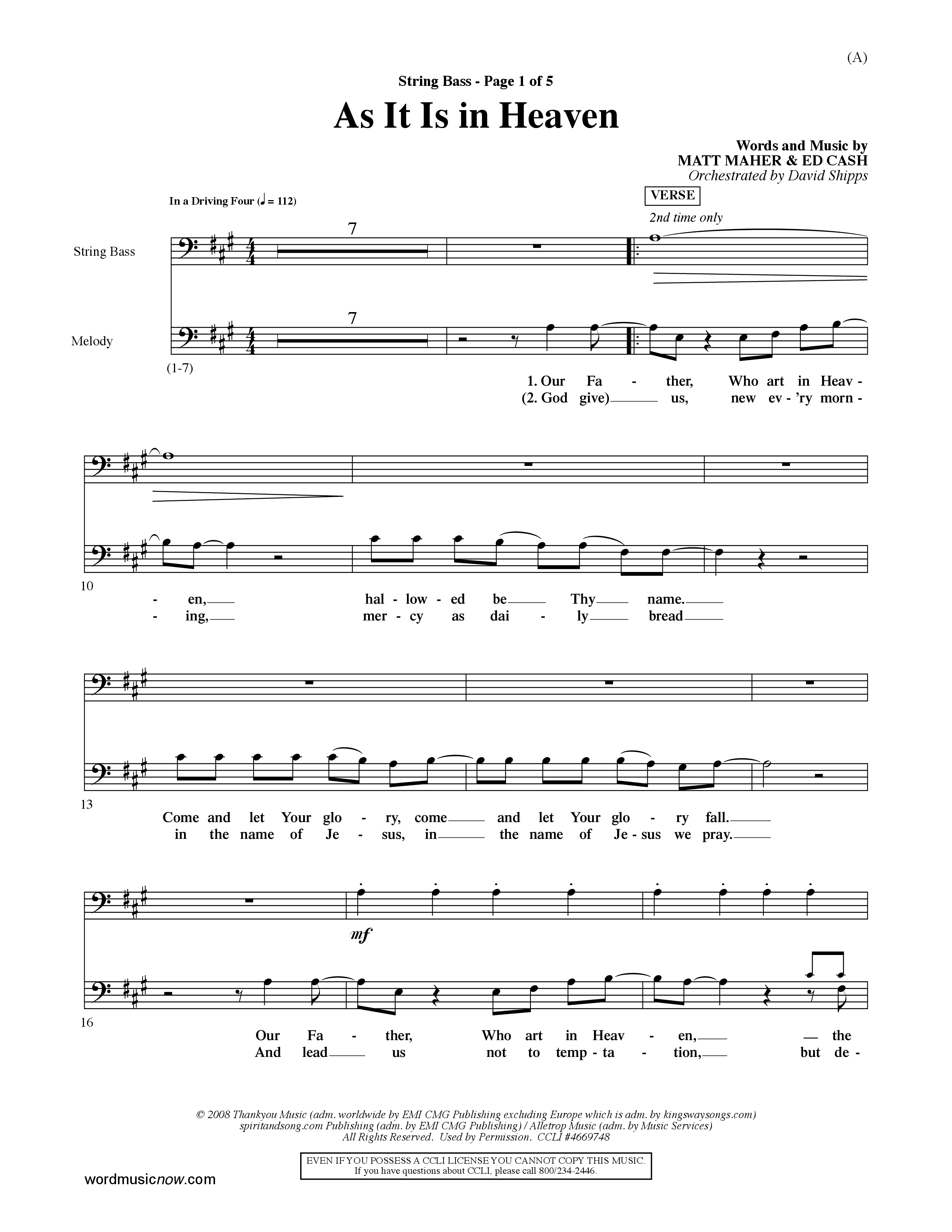 As It Is In Heaven (Choral Anthem SATB) String Bass (Word Music Choral / Orch. David Shipps)