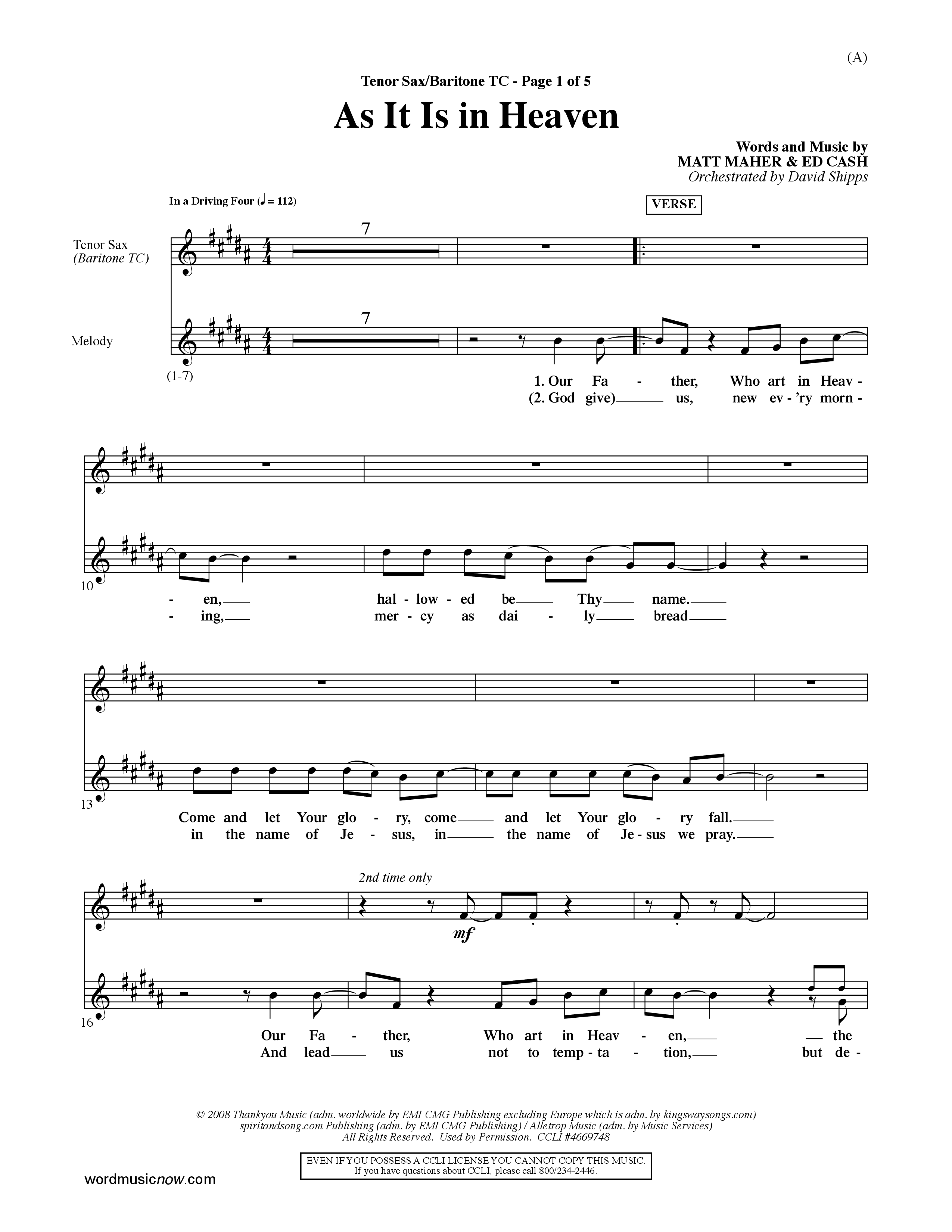 As It Is In Heaven (Choral Anthem SATB) Tenor Sax/Baritone T.C. (Word Music Choral / Orch. David Shipps)