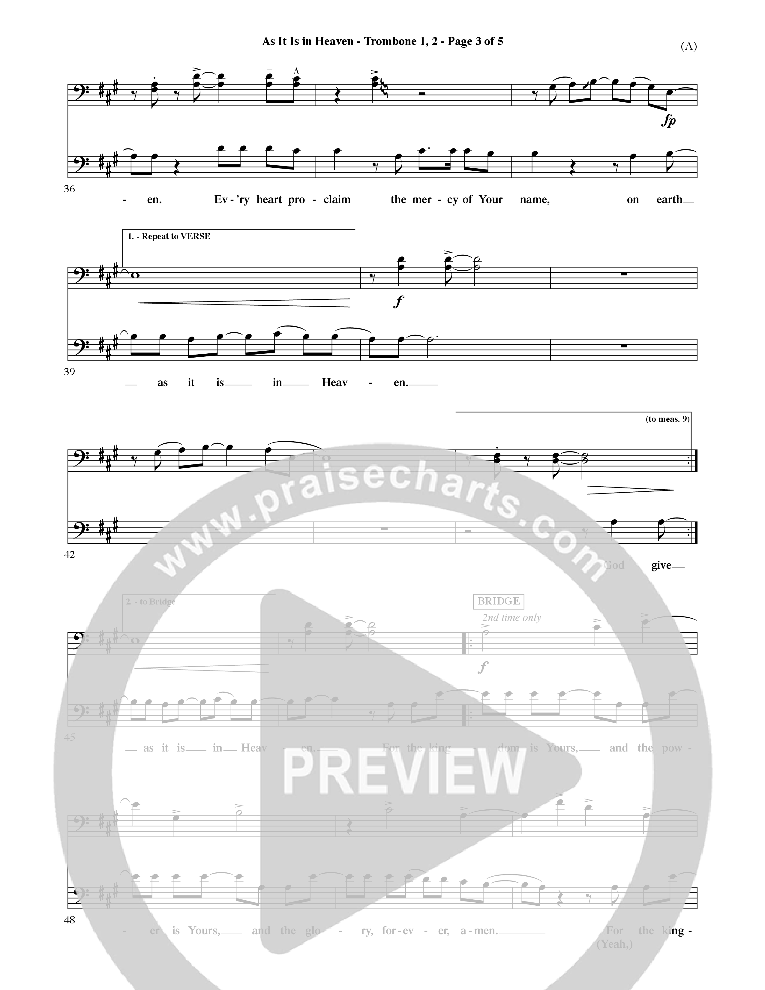 As It Is In Heaven (Choral Anthem SATB) Trombone 1/2 (Word Music Choral / Orch. David Shipps)