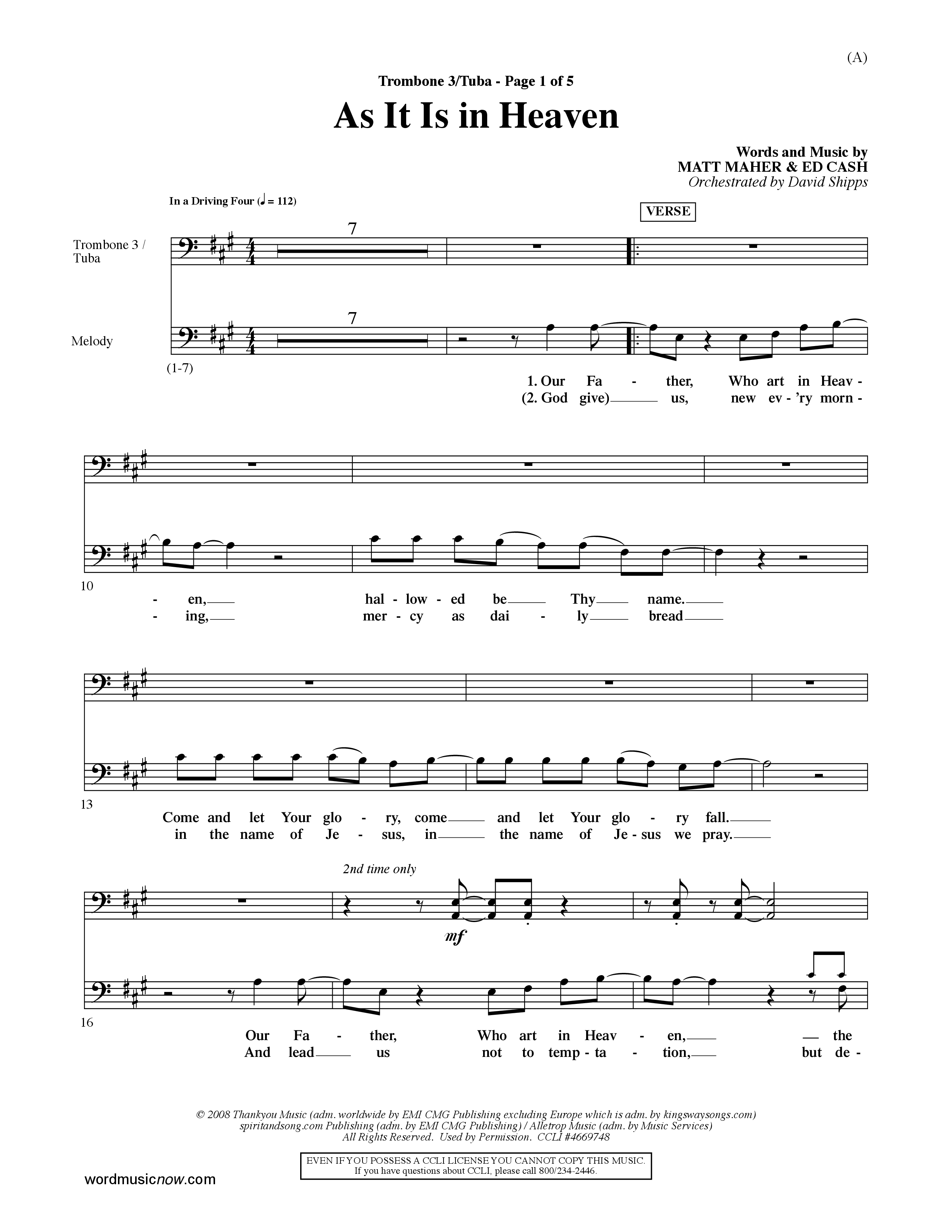 As It Is In Heaven (Choral Anthem SATB) Trombone 3/Tuba (Word Music Choral / Orch. David Shipps)