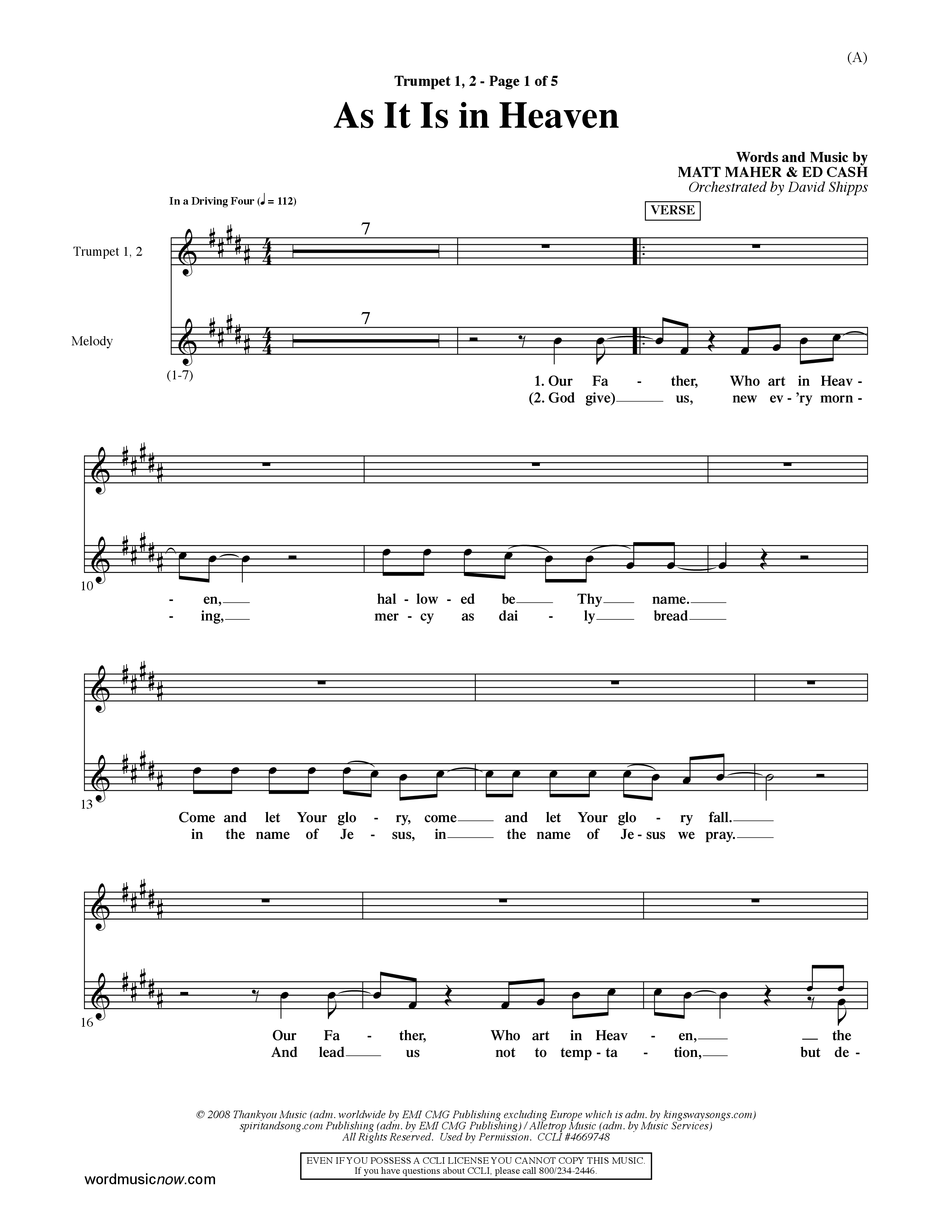 As It Is In Heaven (Choral Anthem SATB) Trumpet 1,2 (Word Music Choral / Orch. David Shipps)