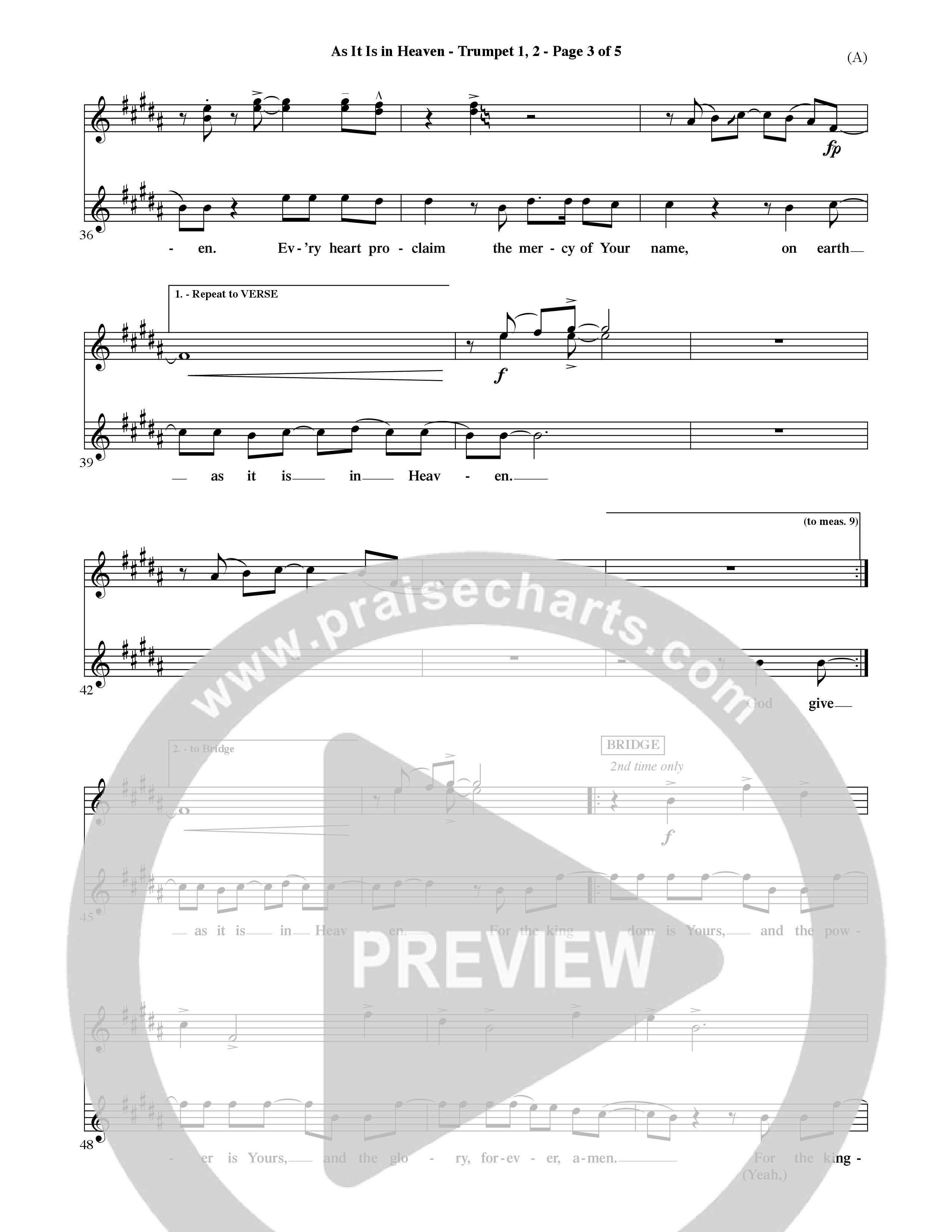 As It Is In Heaven (Choral Anthem SATB) Trumpet 1,2 (Word Music Choral / Orch. David Shipps)