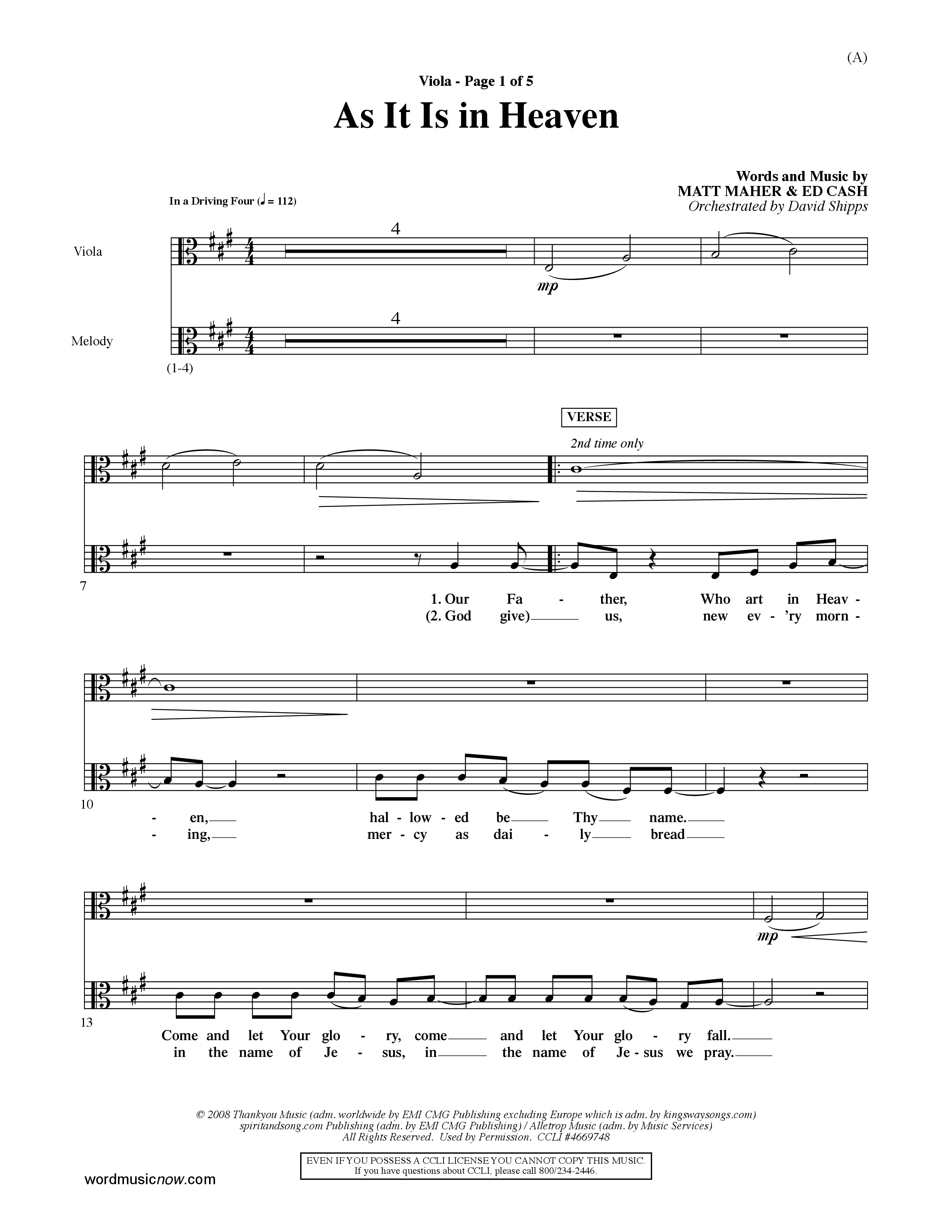 As It Is In Heaven (Choral Anthem SATB) Viola (Word Music Choral / Orch. David Shipps)