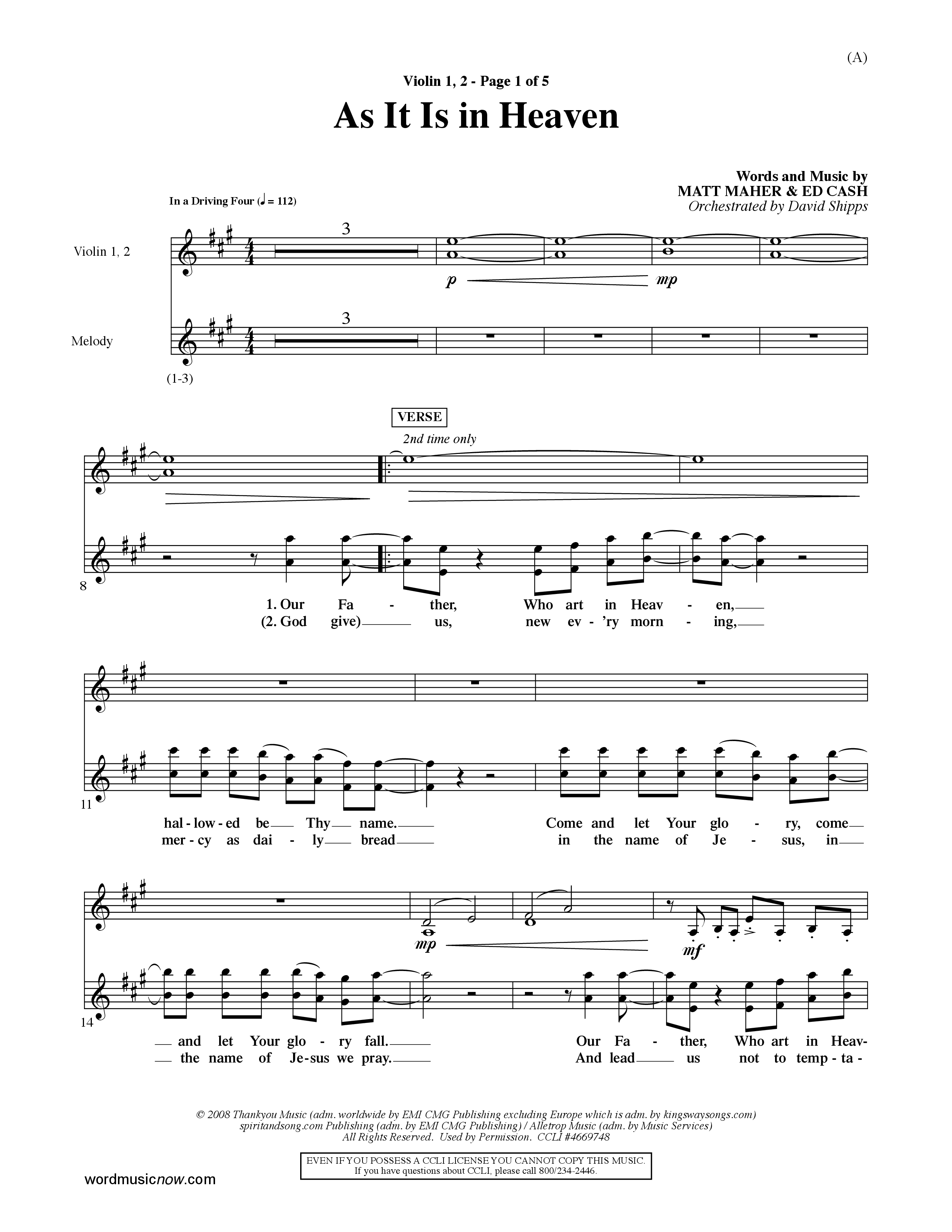 As It Is In Heaven (Choral Anthem SATB) Violin 1/2 (Word Music Choral / Orch. David Shipps)