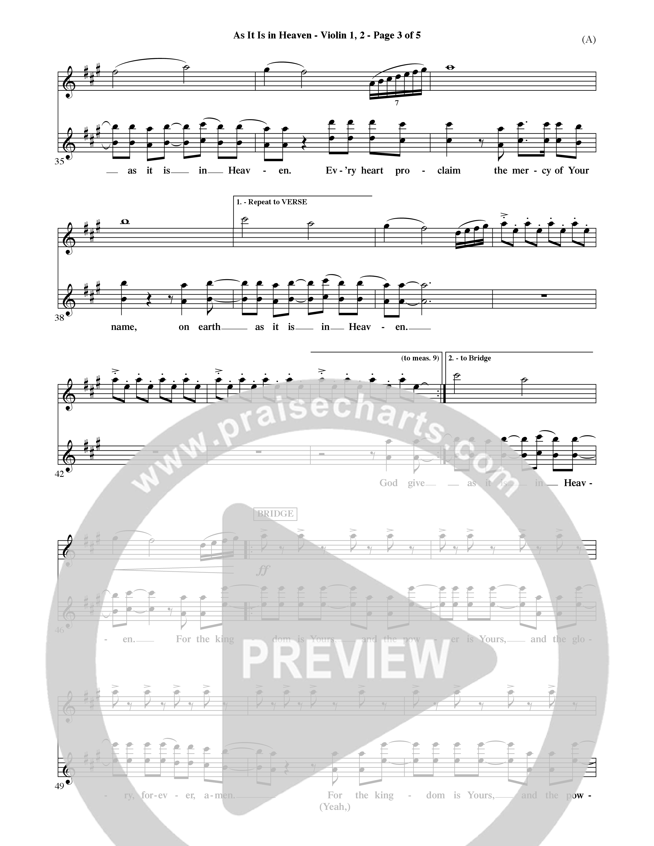 As It Is In Heaven (Choral Anthem SATB) Violin 1/2 (Word Music Choral / Orch. David Shipps)