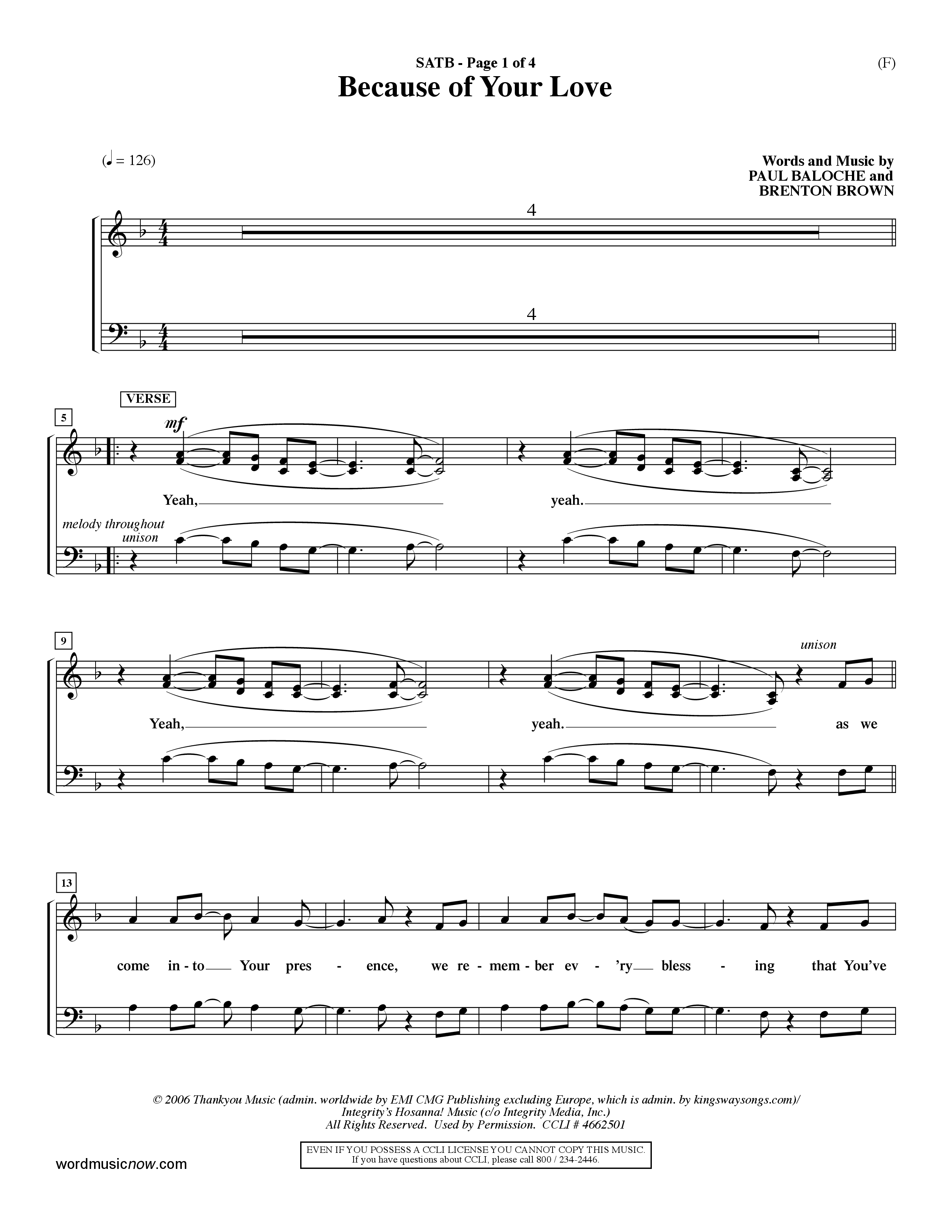 Because Of Your Love (Choral Anthem SATB) Choir Sheet (SATB) (Word Music Choral / Orch. Dave Williamson)