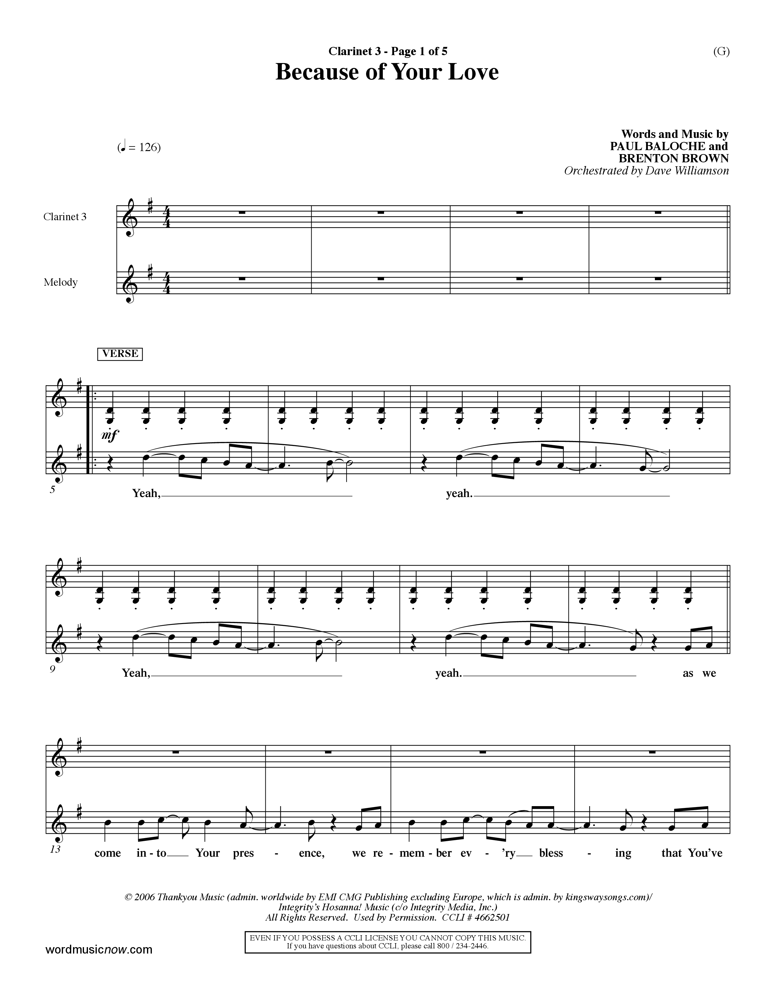 Because Of Your Love (Choral Anthem SATB) Clarinet 3 (Word Music Choral / Orch. Dave Williamson)