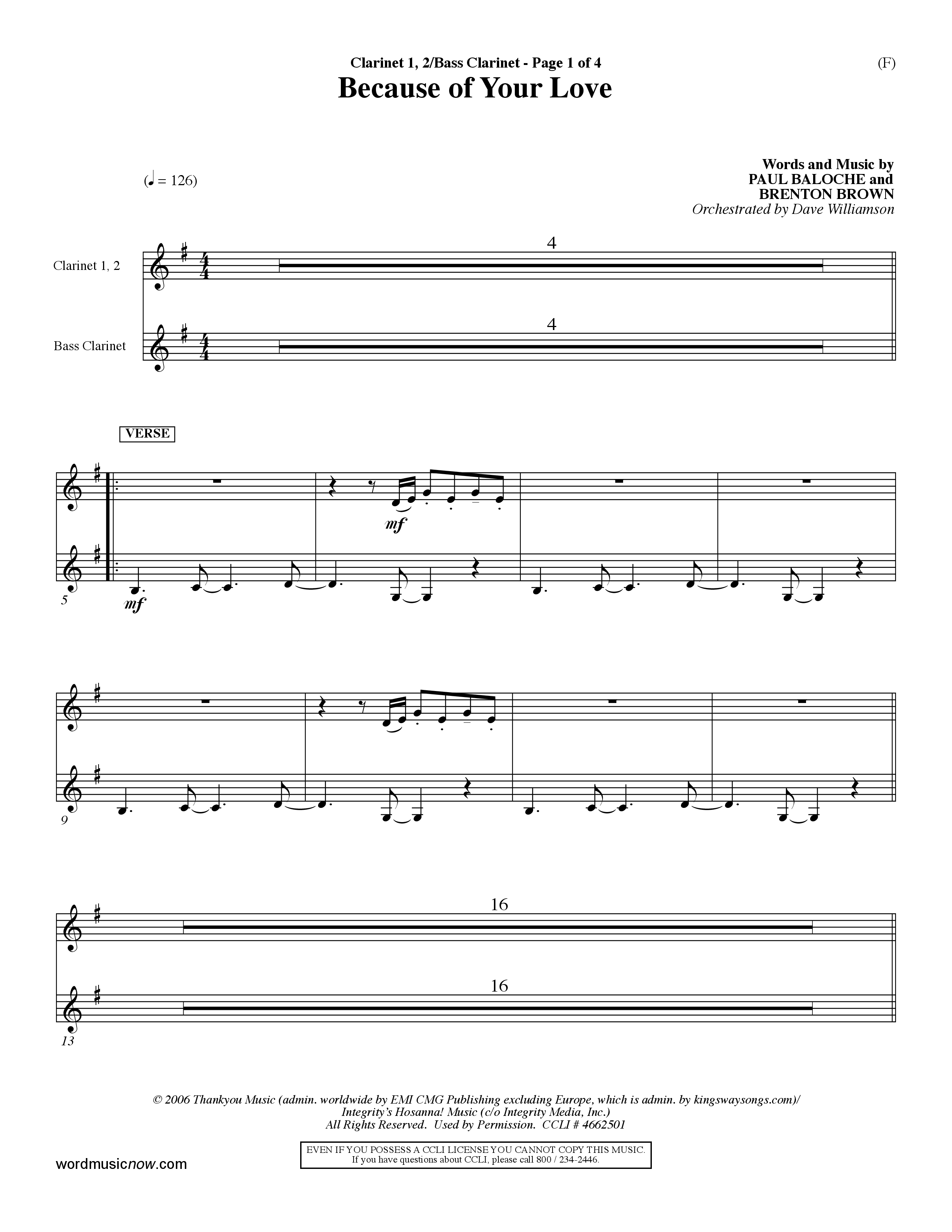 Because Of Your Love (Choral Anthem SATB) Clarinet (Word Music Choral / Orch. Dave Williamson)