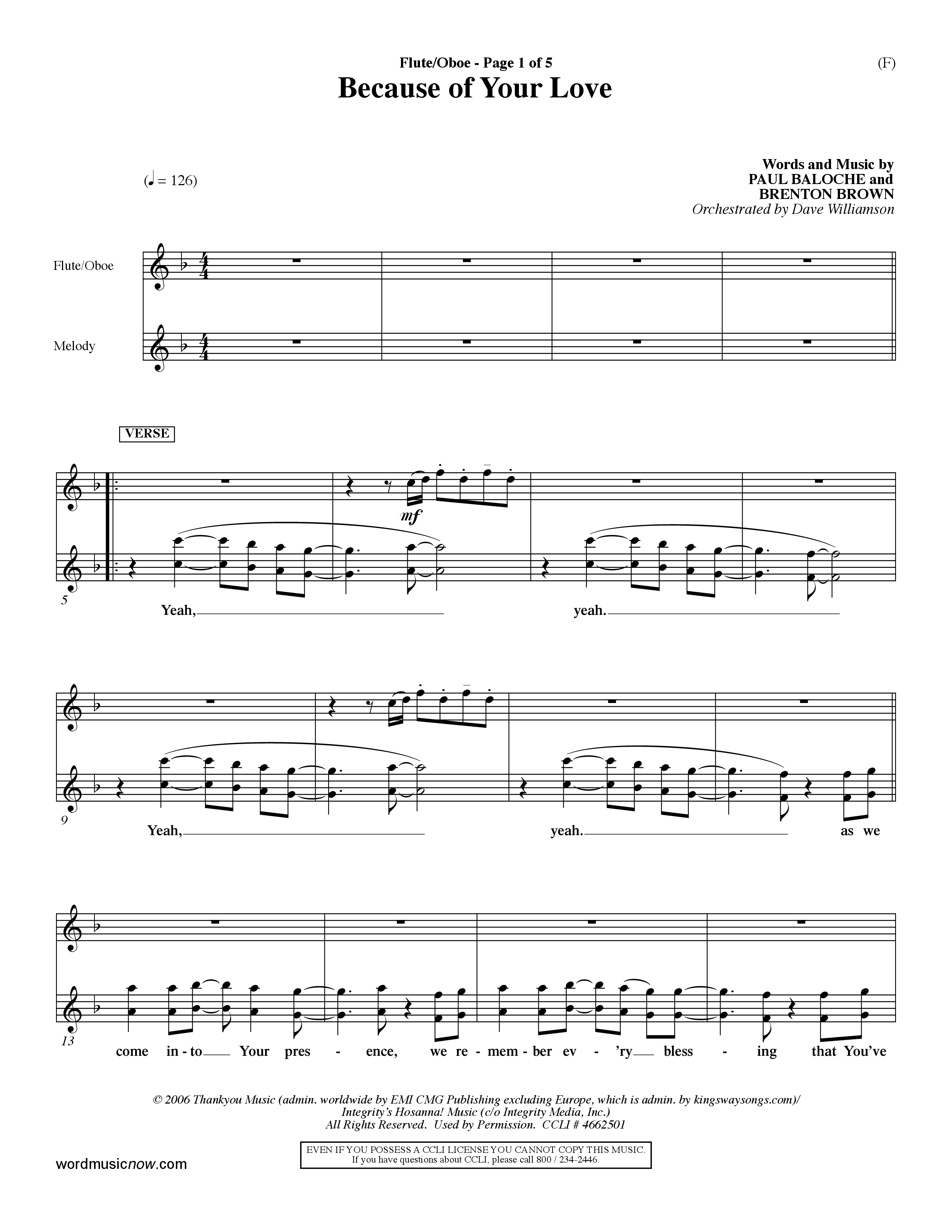 Because Of Your Love (Choral Anthem SATB) Flute/Oboe (Word Music Choral / Orch. Dave Williamson)