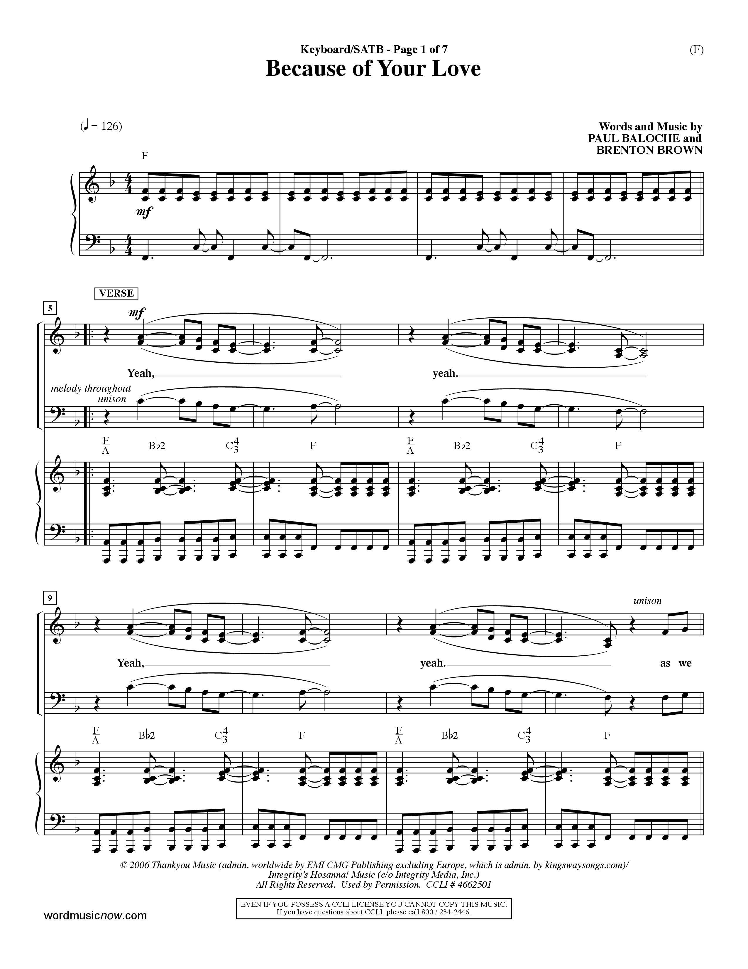 Because Of Your Love (Choral Anthem SATB) Keyboard/Vocal (SATB) (Word Music Choral / Orch. Dave Williamson)
