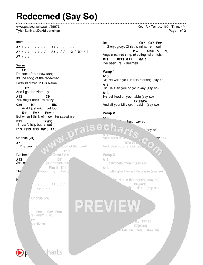 Redeemed (Say So) Chords & Lyrics (Tyler Sullivan / David Jennings)