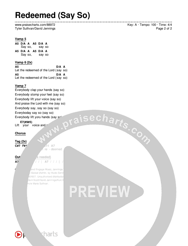 Redeemed (Say So) Chords & Lyrics (Tyler Sullivan / David Jennings)