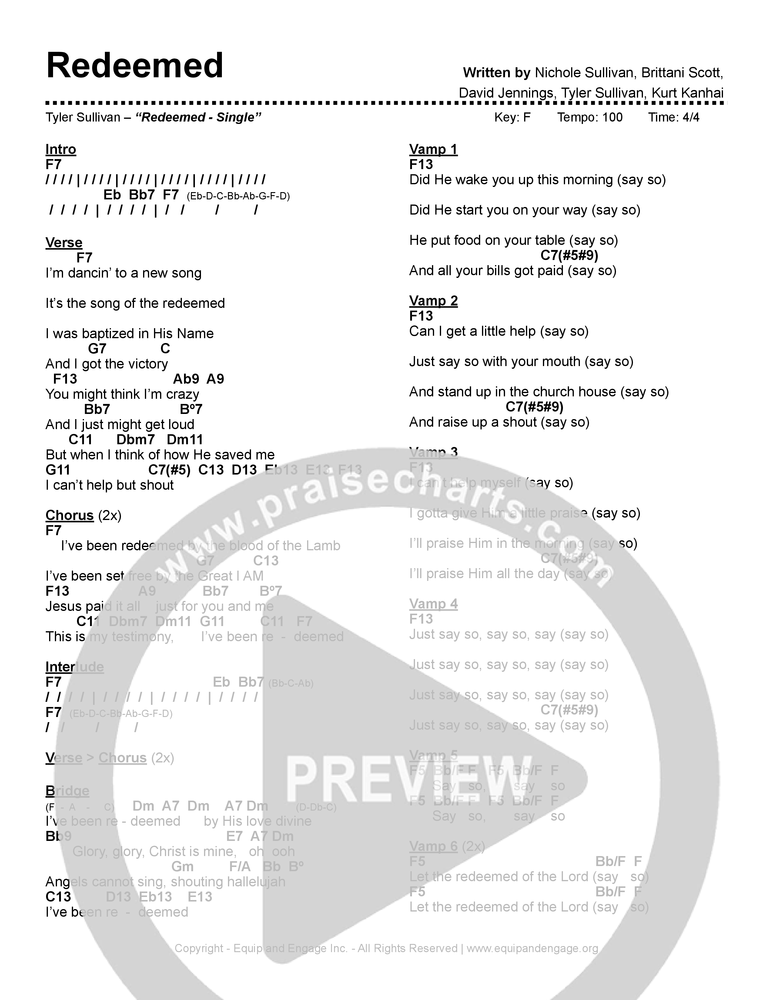 Redeemed (Say So) Chord Chart (Tyler Sullivan / David Jennings)