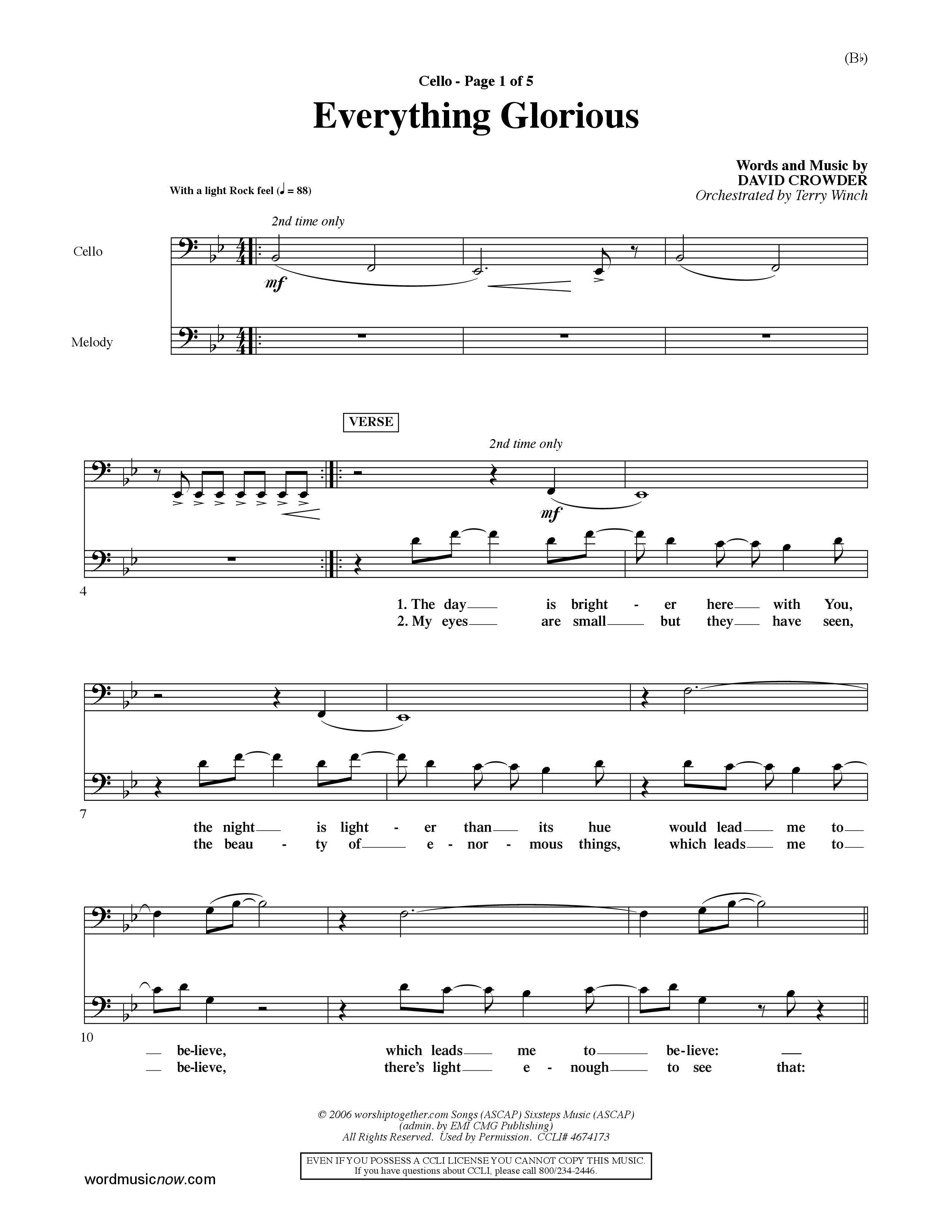 Everything Glorious (Choral Anthem SATB) Cello (Word Music Choral / Orch. Terry Winch)