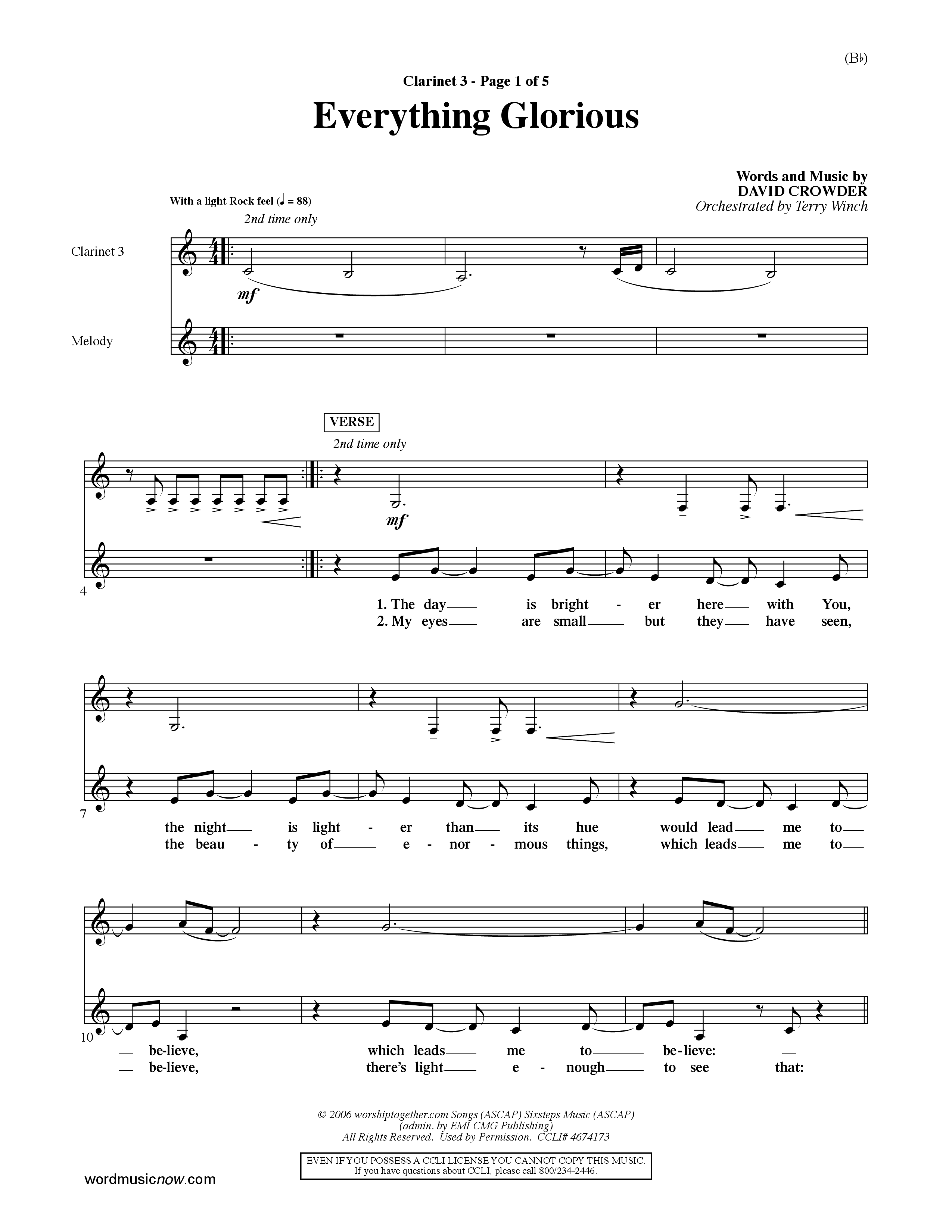 Everything Glorious (Choral Anthem SATB) Clarinet 3 (Word Music Choral / Orch. Terry Winch)