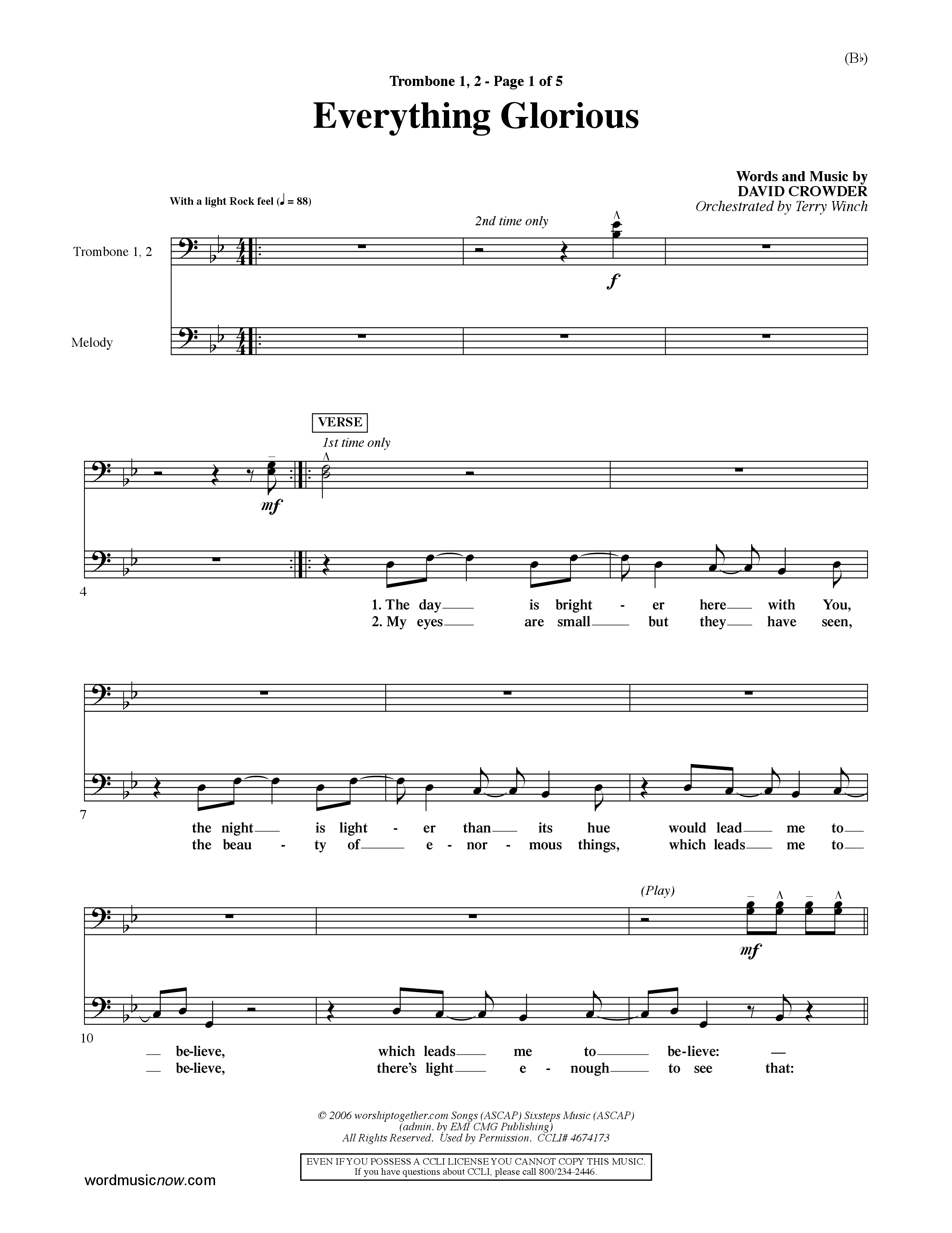 Everything Glorious (Choral Anthem SATB) Trombone 1/2 (Word Music Choral / Orch. Terry Winch)
