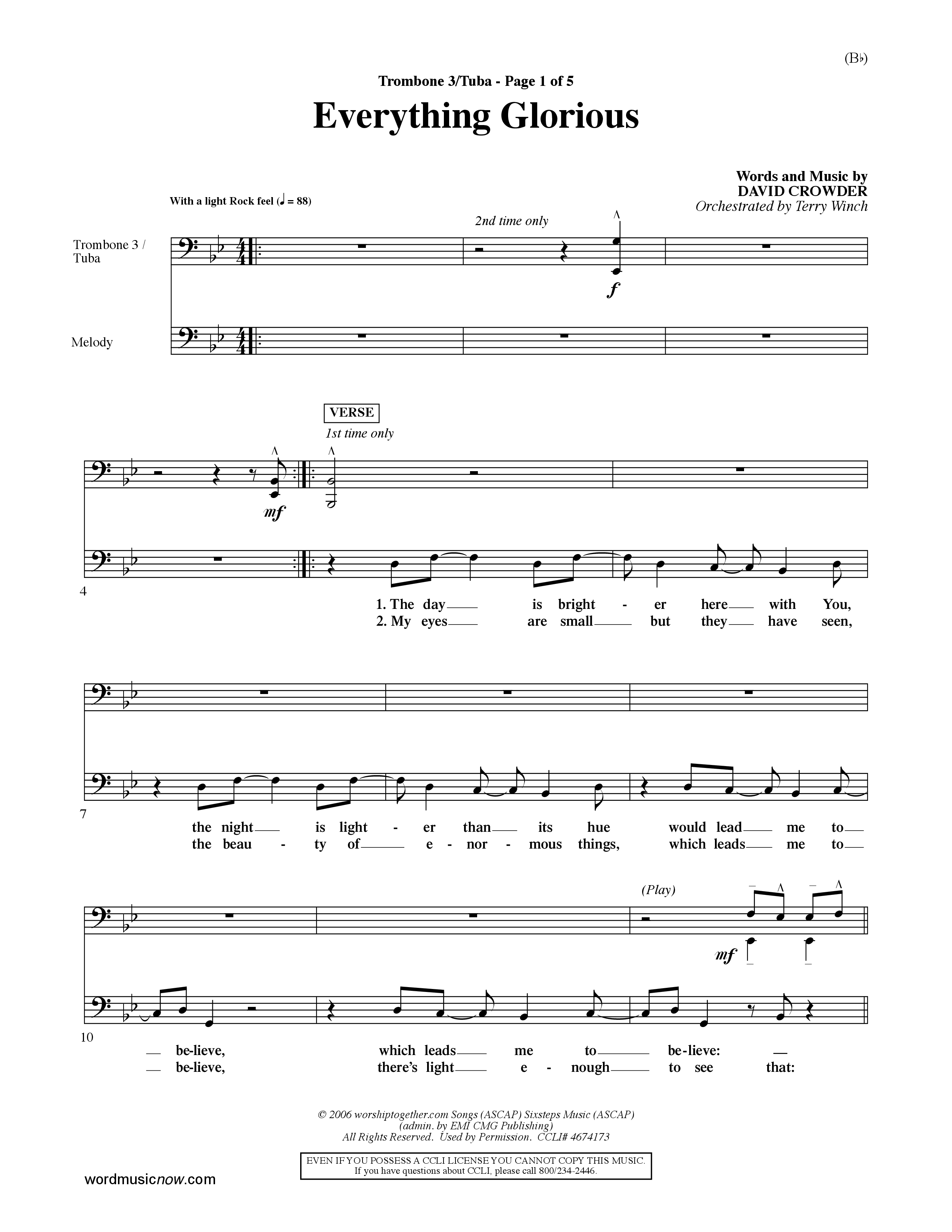 Everything Glorious (Choral Anthem SATB) Trombone 3/Tuba (Word Music Choral / Orch. Terry Winch)