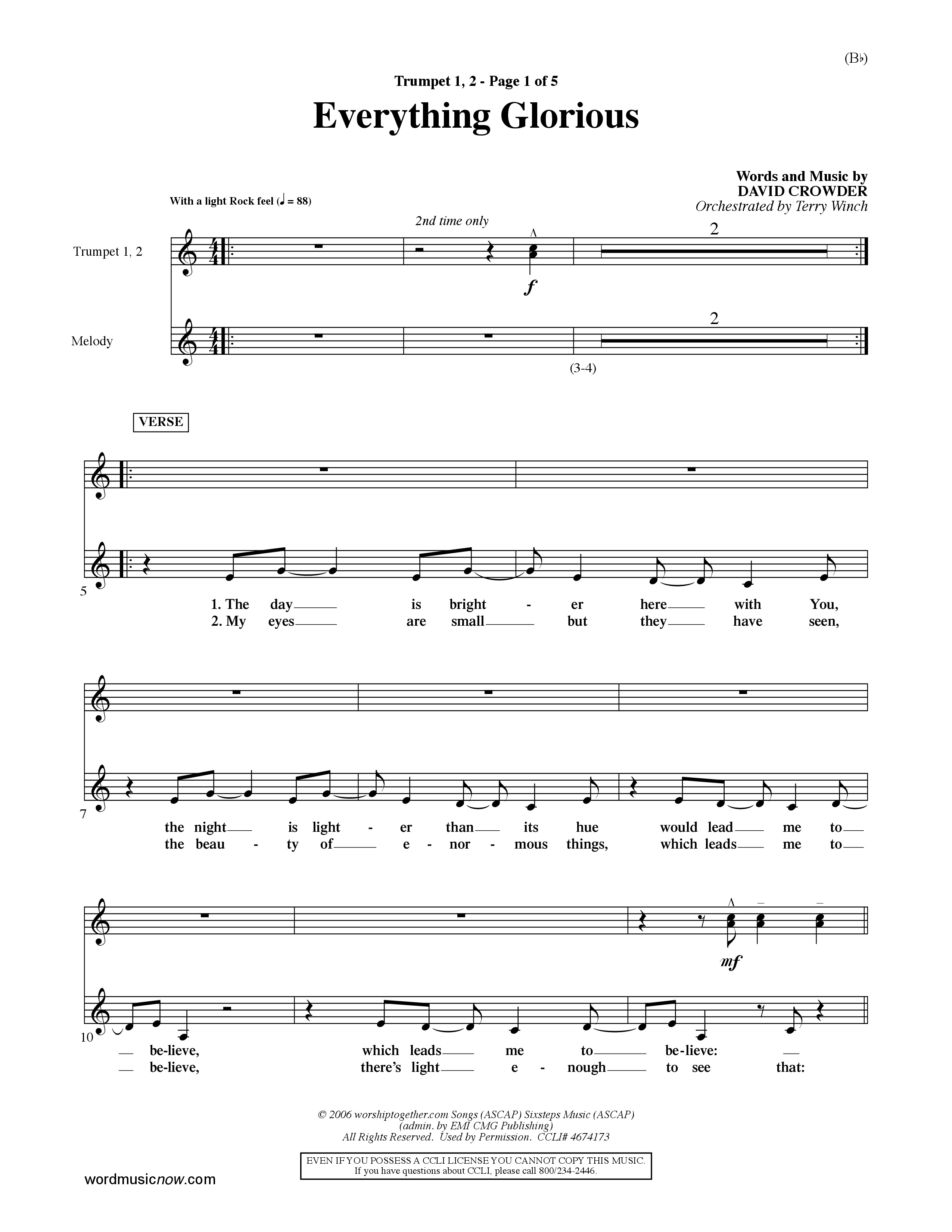 Everything Glorious (Choral Anthem SATB) Trumpet 1,2 (Word Music Choral / Orch. Terry Winch)