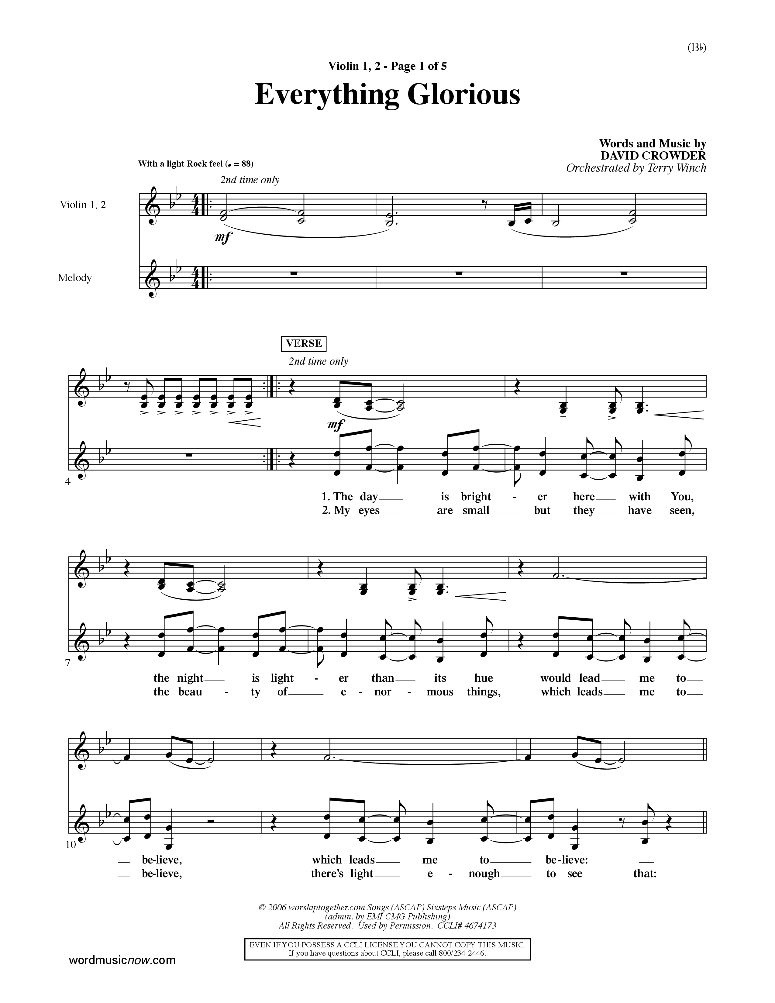 Everything Glorious (Choral Anthem SATB) Violin 1/2 (Word Music Choral / Orch. Terry Winch)