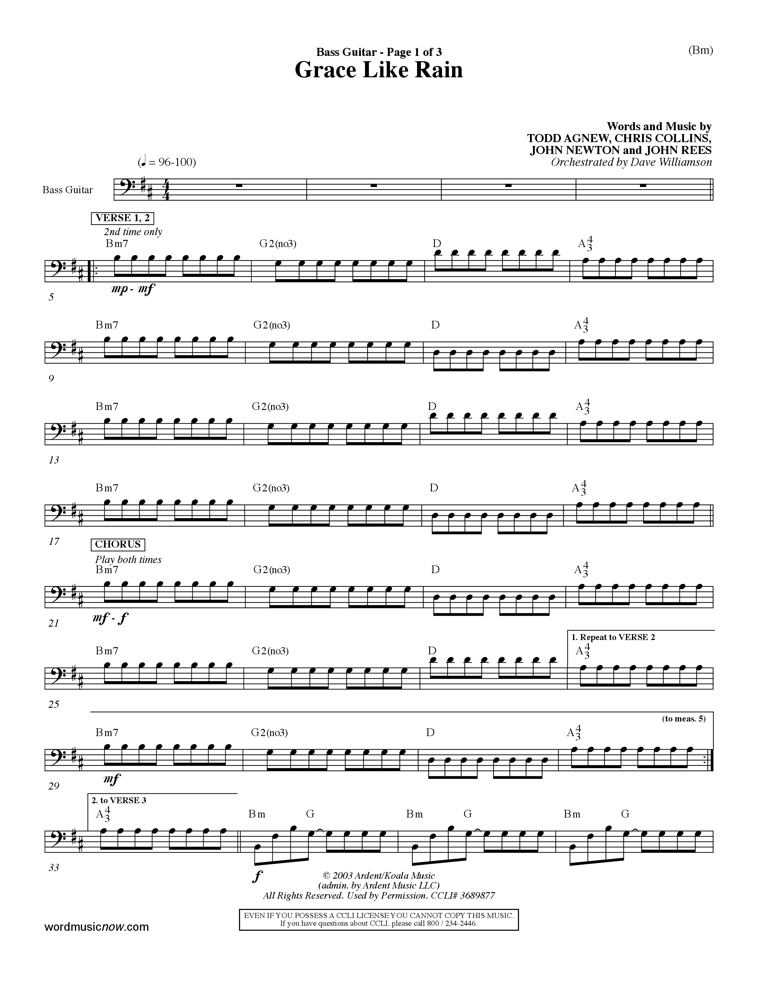 Grace Like Rain (Choral Anthem SATB) Bass Guitar (Word Music Choral / Orch. Dave Williamson)