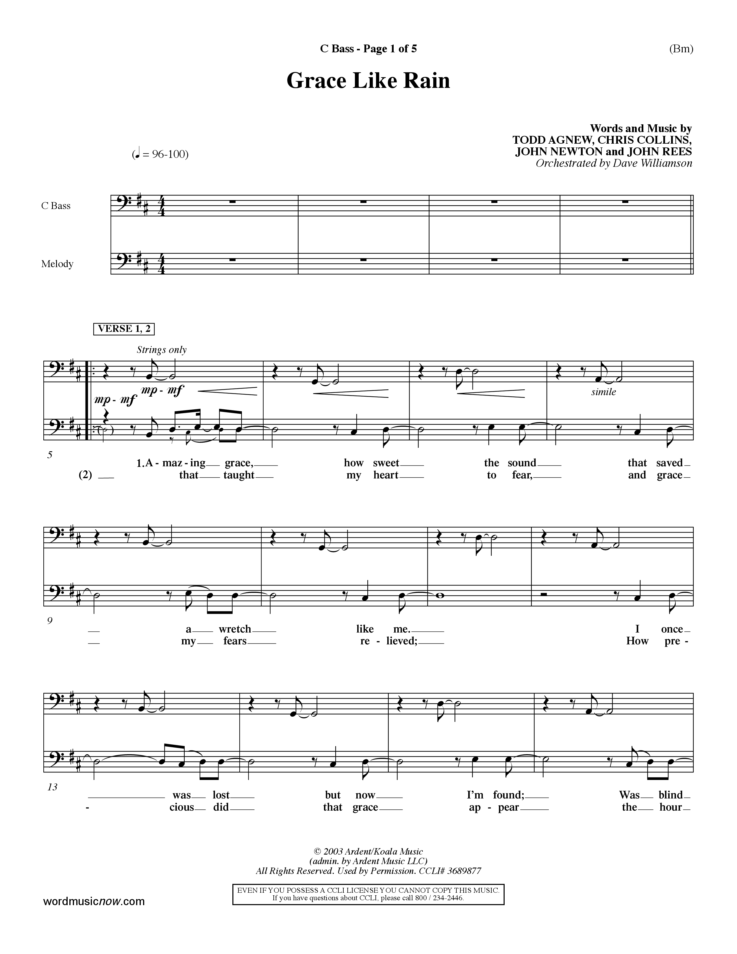 Grace Like Rain (Choral Anthem SATB) Contrabass (Word Music Choral / Orch. Dave Williamson)