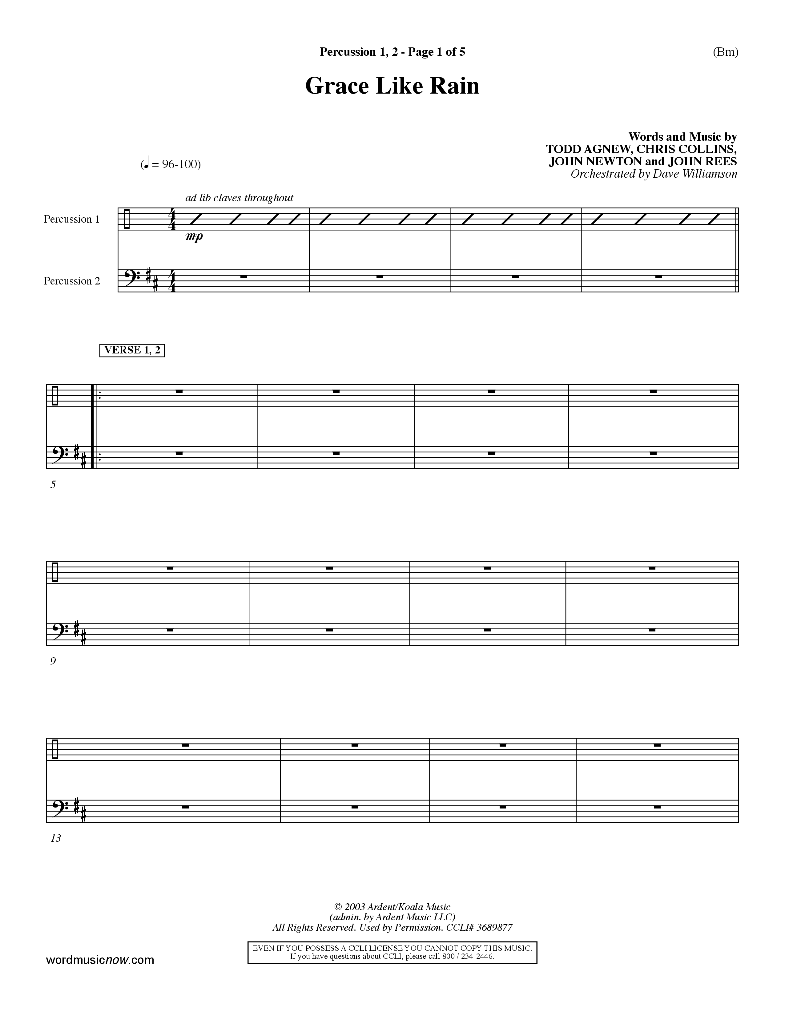 Grace Like Rain (Choral Anthem SATB) Percussion 1/2 (Word Music Choral / Orch. Dave Williamson)