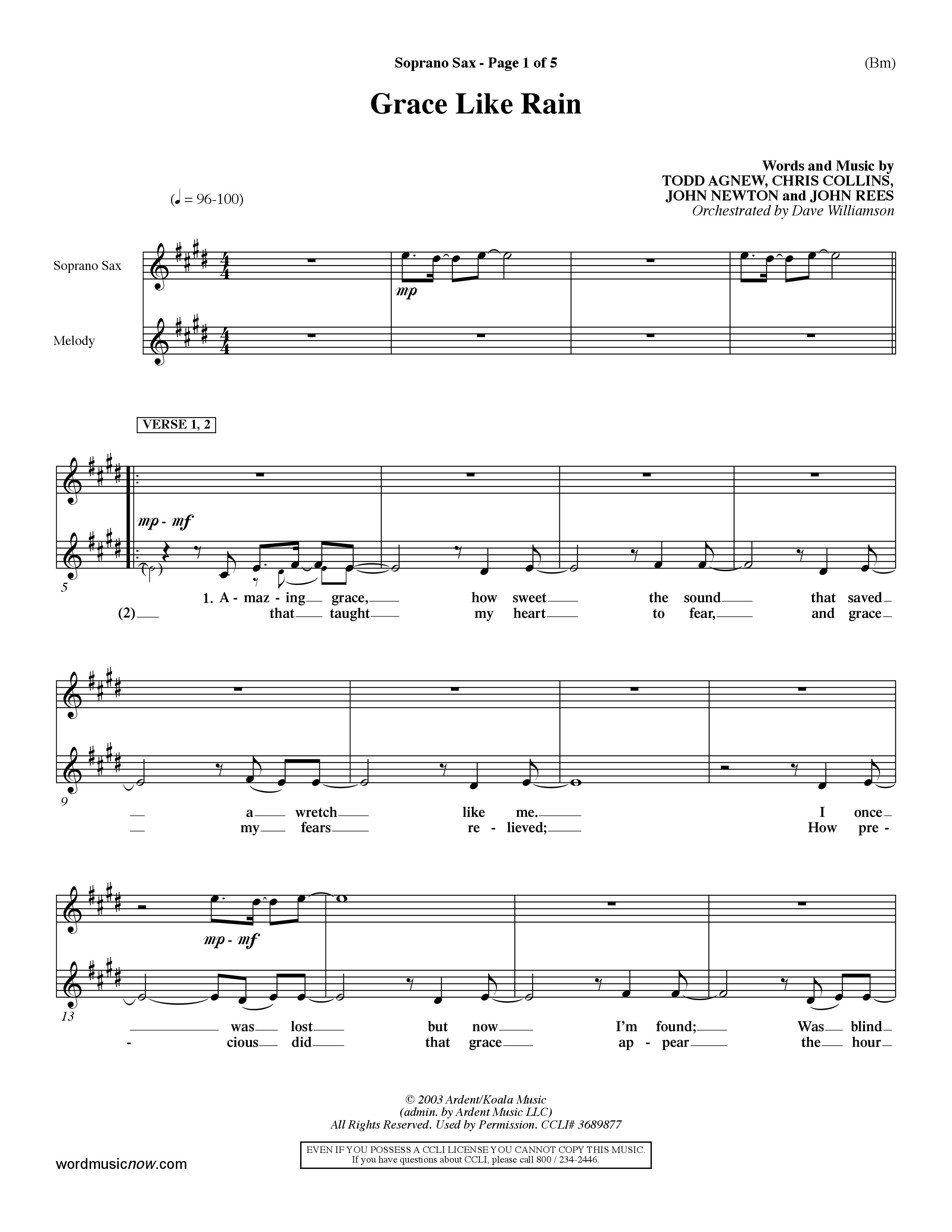 Grace Like Rain (Choral Anthem SATB) Saxophone (Word Music Choral / Orch. Dave Williamson)